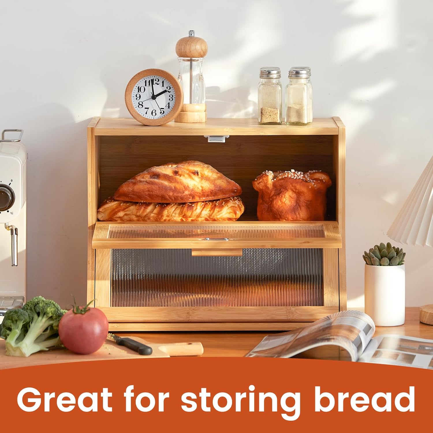 GHWIE Double Layer Bamboo Bread Box for Kitchen Counter,Large Capacity Bread Storage Bin,Bread Container with Acrylic