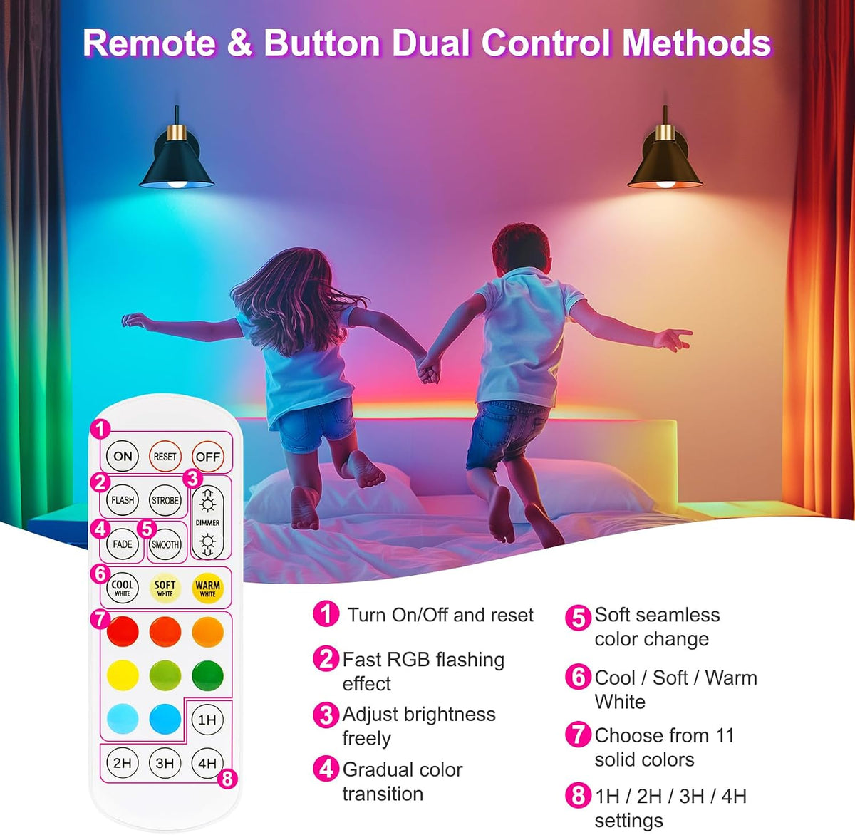 Frideko Rechargeable Wall Sconces Set of Two with Remote, RGB 15 Colors Dimmable Battery Operated Wall Lights for