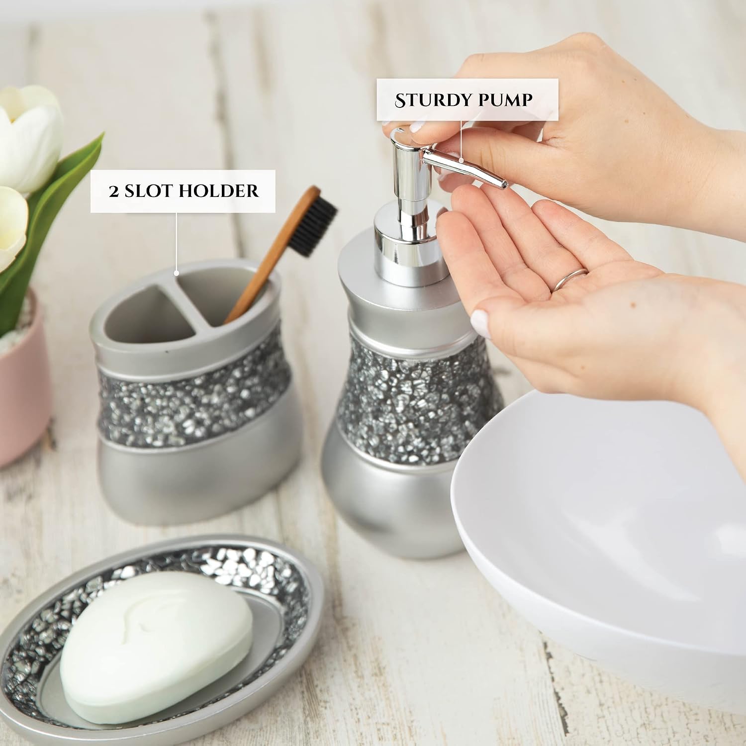 Creative Scents Crackled Glass Silver Hand Soap Dispenser for Bathroom, | Decorative Countertop Lotion Dispenser