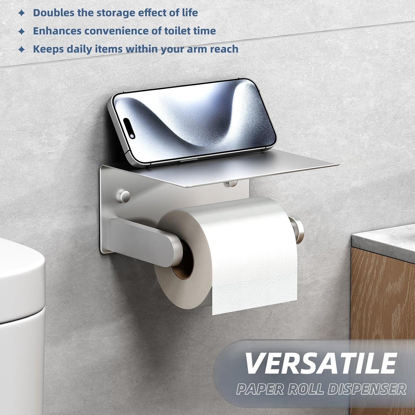 APLusee Toiler Paper Holder with Phone Shelf, Brushed Nickel, Wall Mounted | 304 Stainless Steel, Rust-resistant Tissue