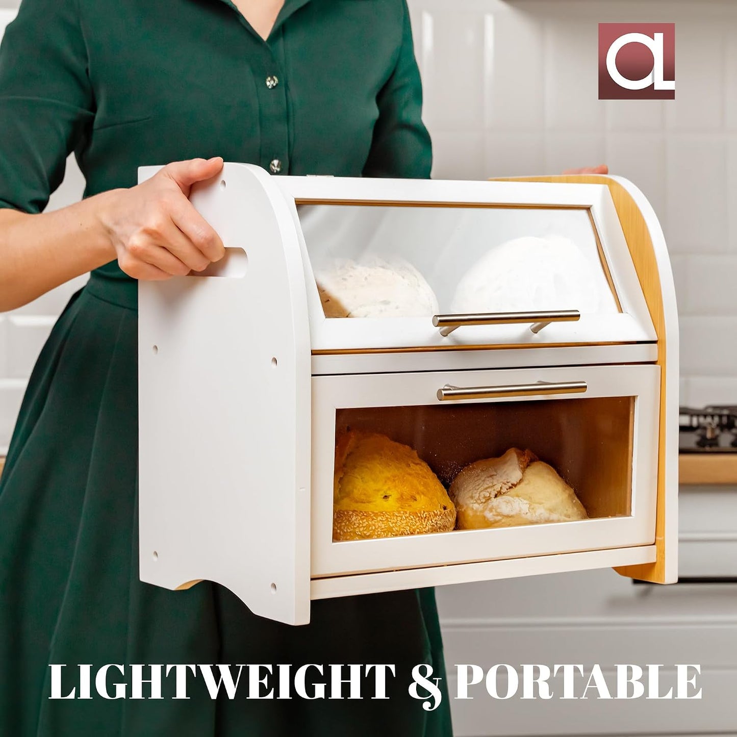 Arise Stylish Bamboo Bread Box for Kitchen Countertop, Extra Large 2-Shelf Wooden Bread Storage Container with Clear