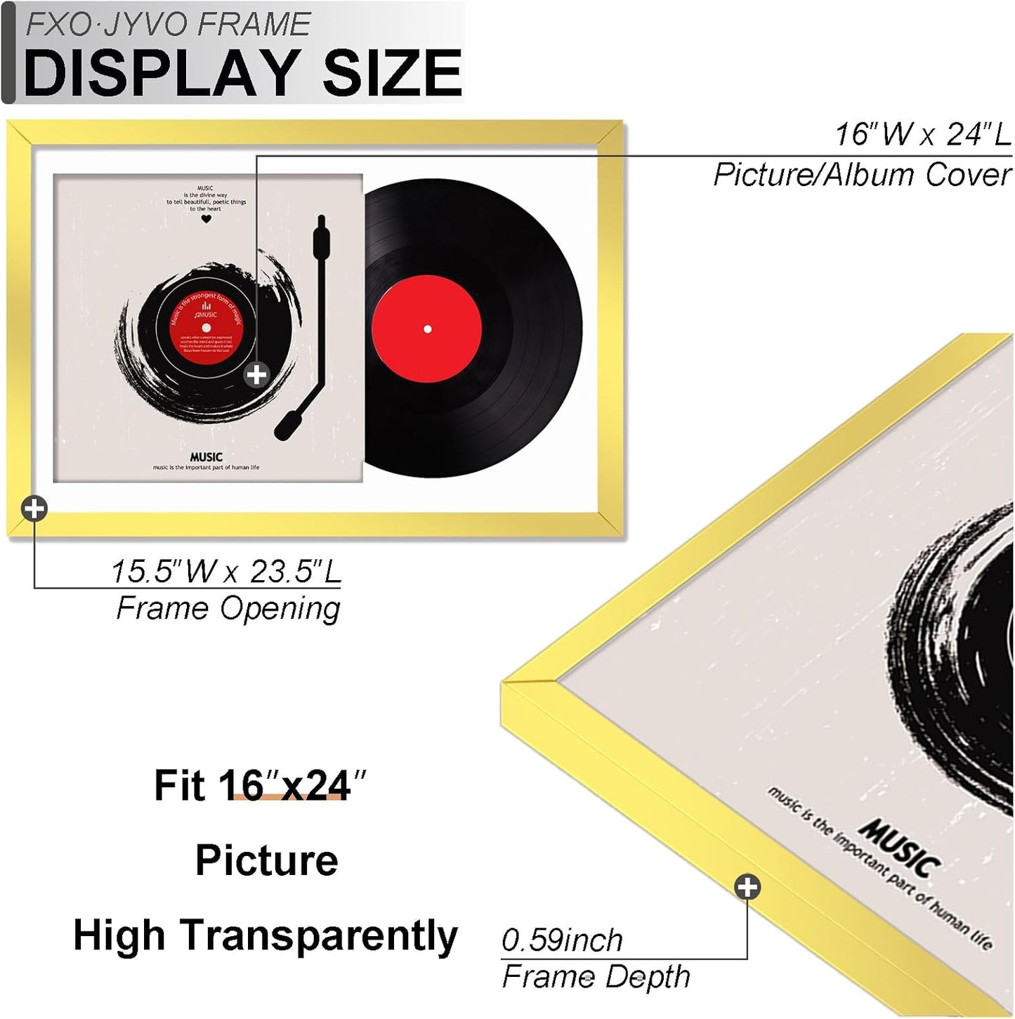 Vinyl Record Frame Display for 12 inch LP with 12.5x12.5 Album Cover | Gold 16x24 Frame Light Weight with High-Clarity