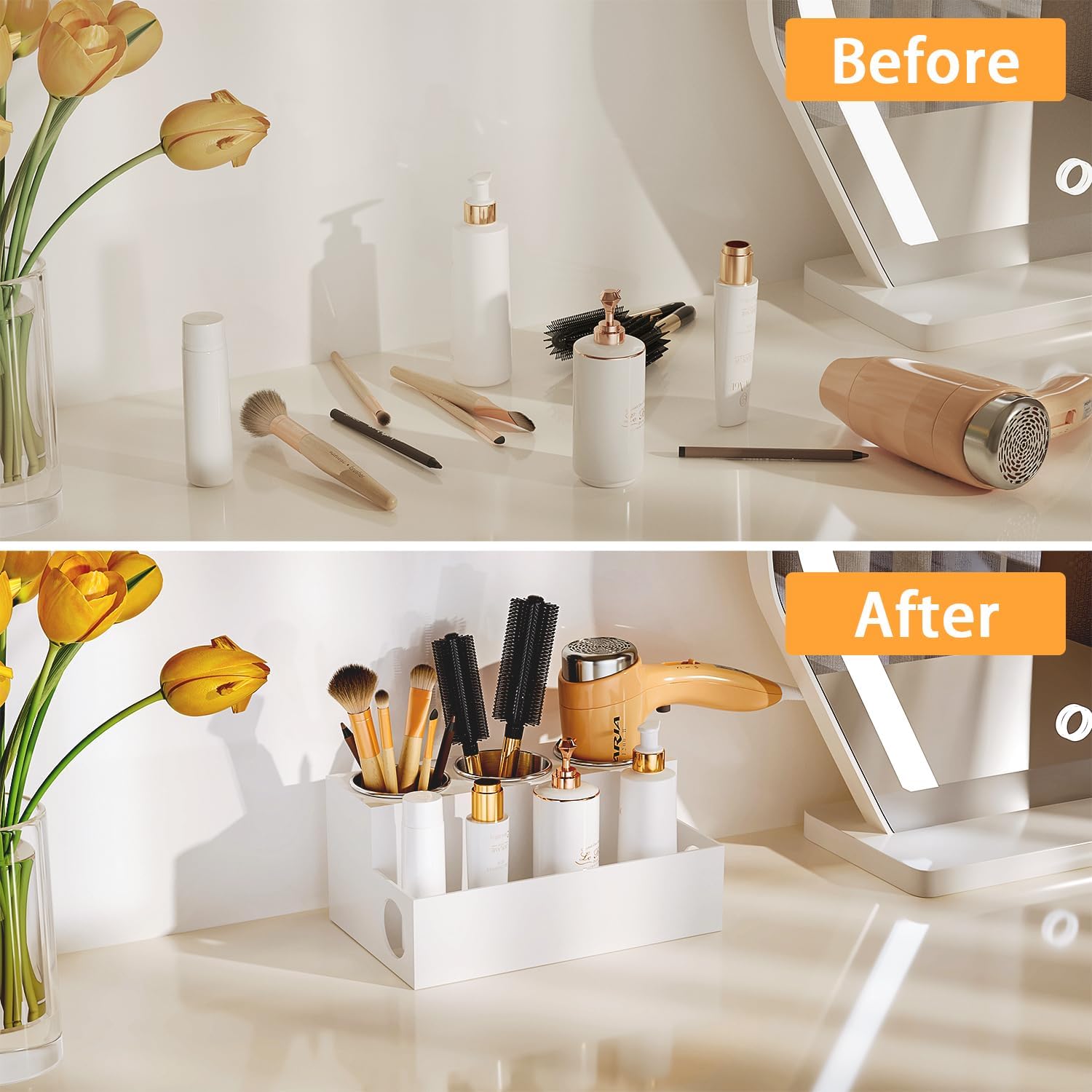 Countertop Hair Tool Organizer White Acrylic Holder for Vanity | Heat Insulated Steel Cups, Cord Hole Design, Stores