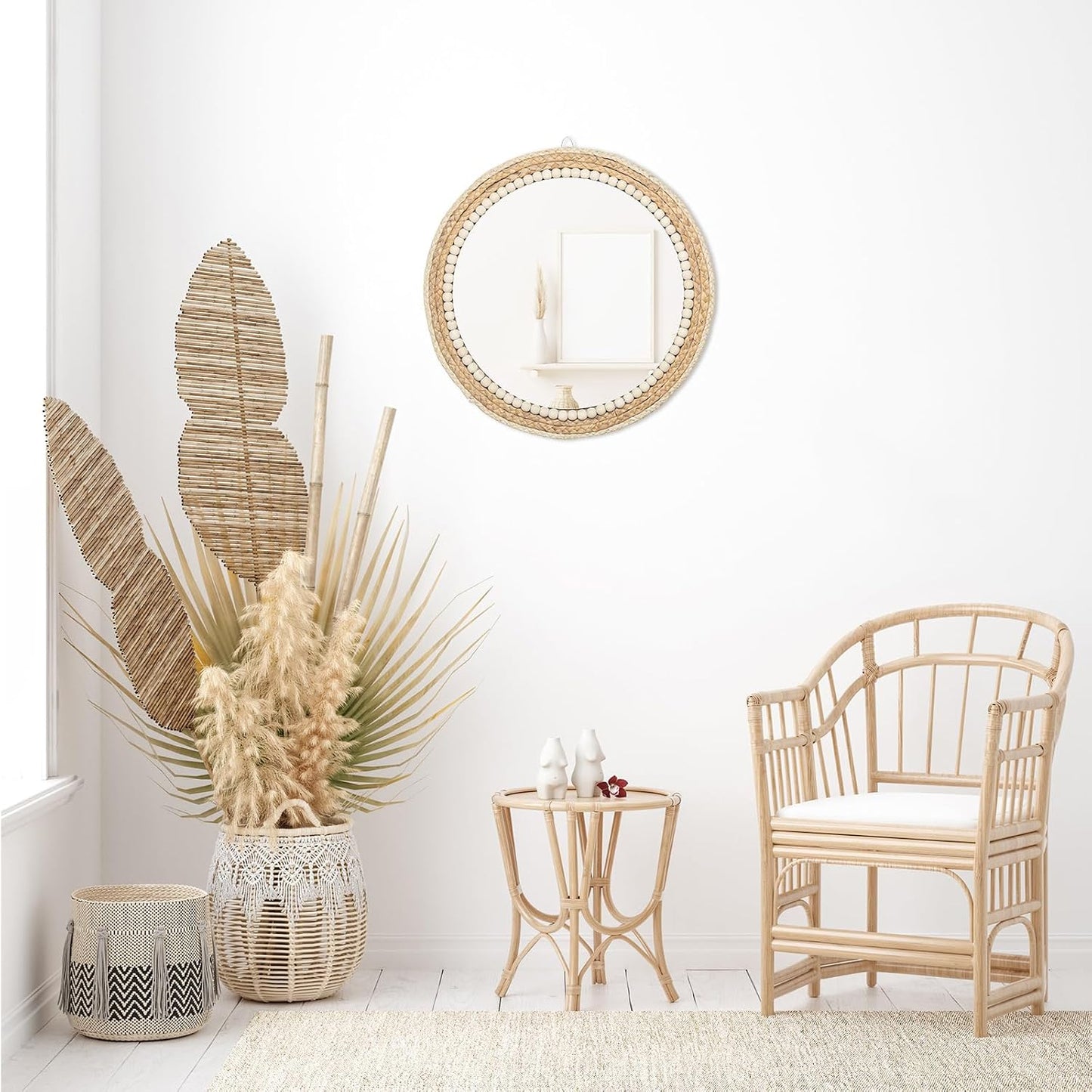 Boho Round Hanging Wall Mirror Decorative Rattan Circle Mirrors / 18 Inch Wood / 18 Inch