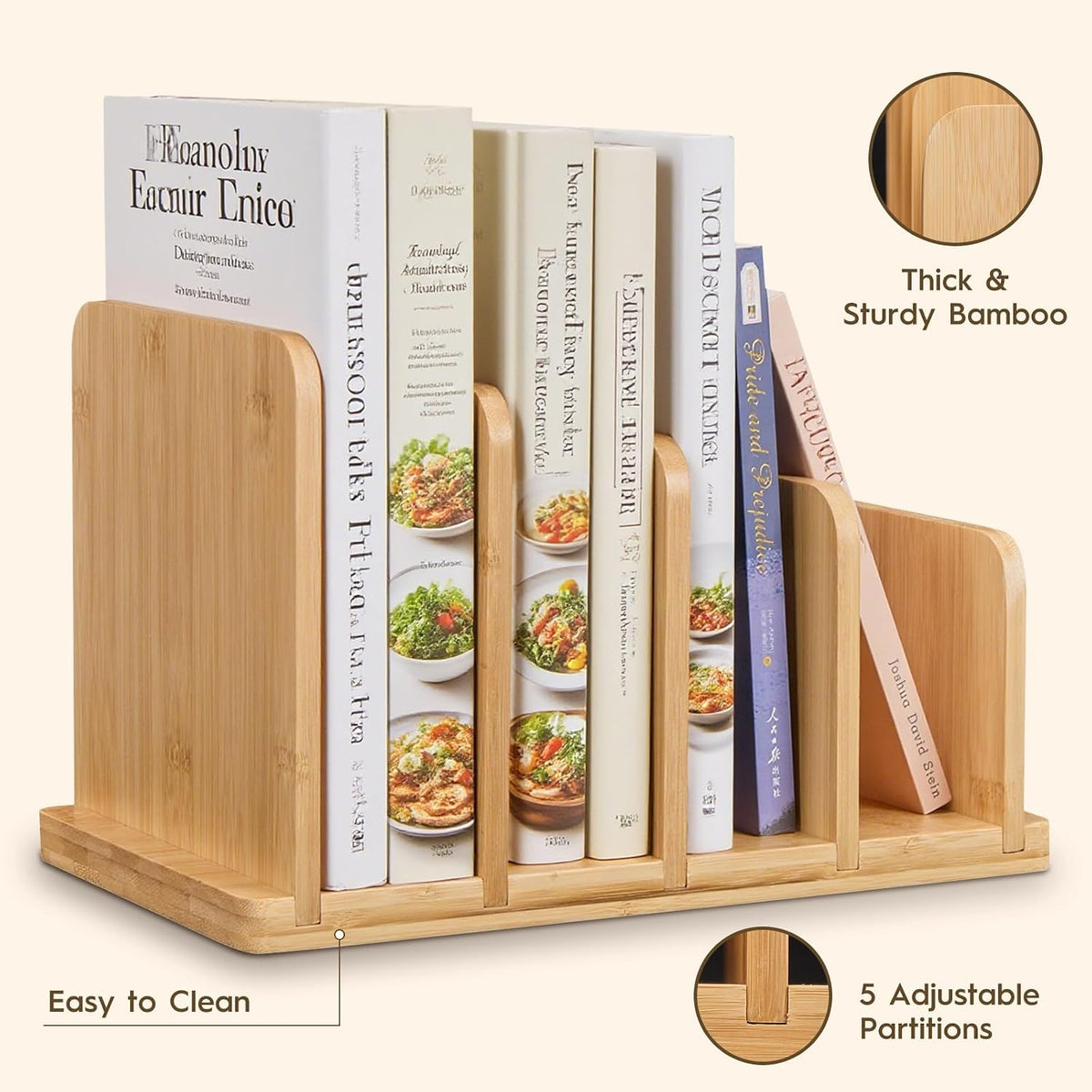 Cook Book Organizer,Bamboo Cookbook Stand for Kitchen Counter with 4-Slot,Sturdy Recipe Book Holder Stand for
