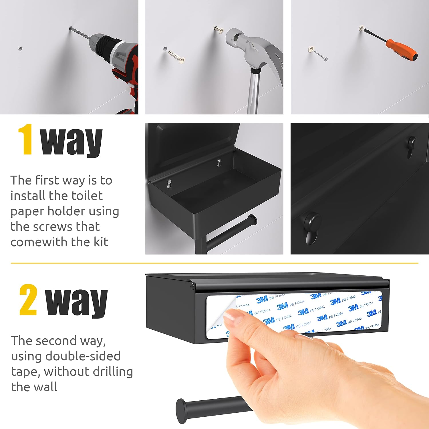 Black Toilet Paper Holder Wall Mounted with Shelf & Wipes Storage – Stainless Steel SUS304 Modern Toilet Tissue Roll