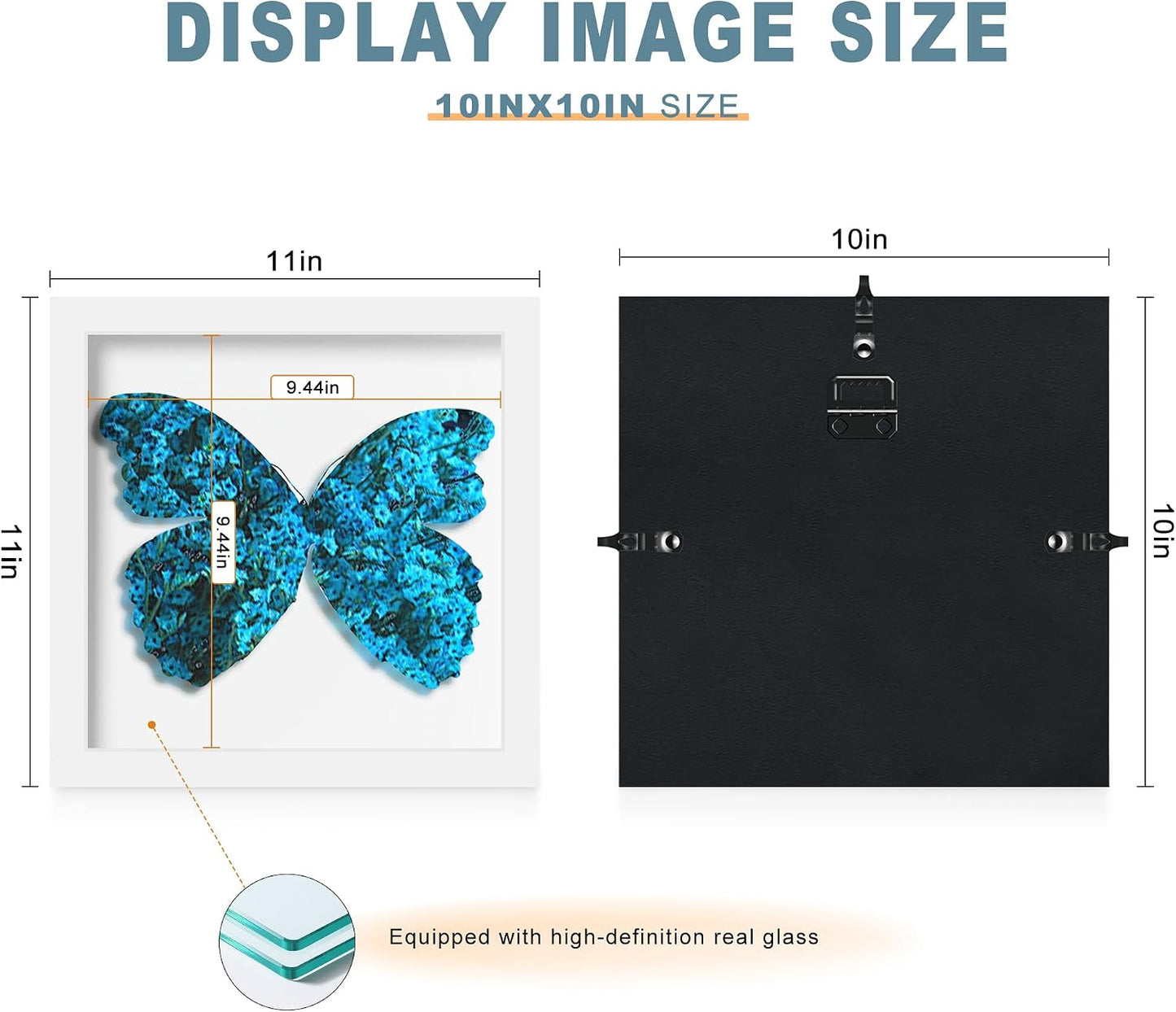10x10 White Wooden Shadow Box Frame, 1.2" Deep, Tempered Glass | Black Backboard, Tabletop & Vertical/Horizontal Wall