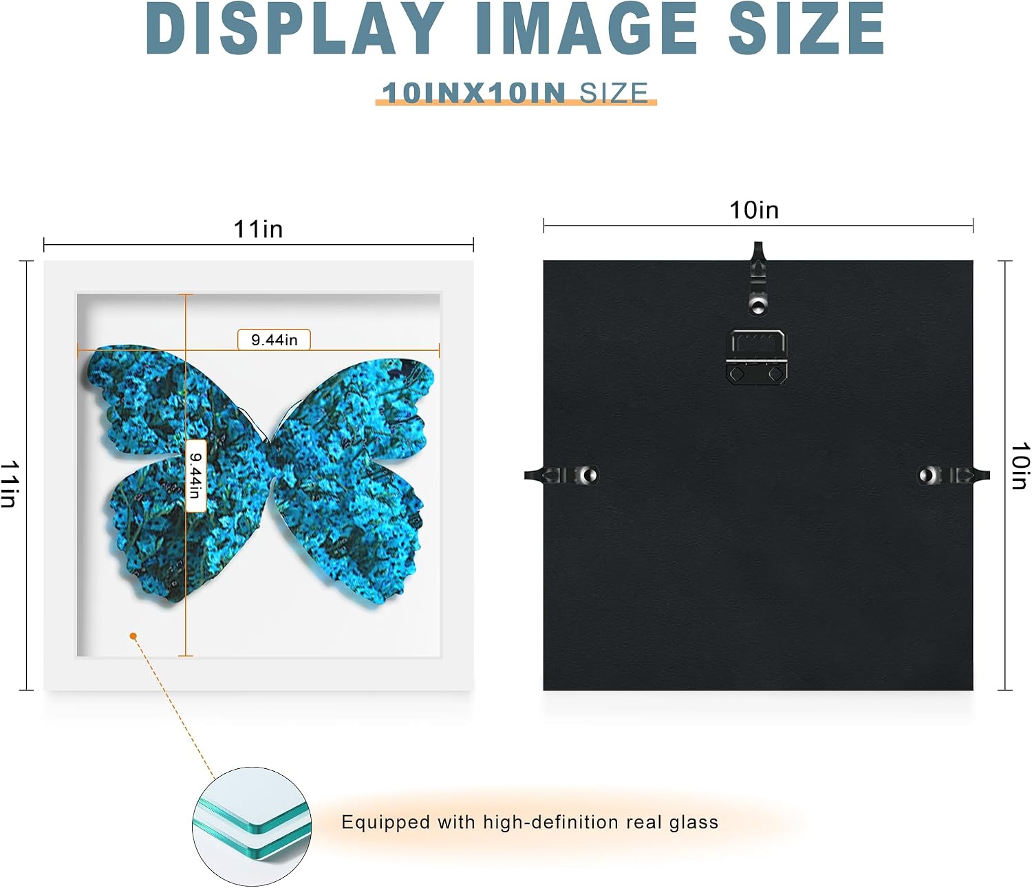 10x10 White Wooden Shadow Box Frame, 1.2" Deep, Tempered Glass | Black Backboard, Tabletop & Vertical/Horizontal Wall