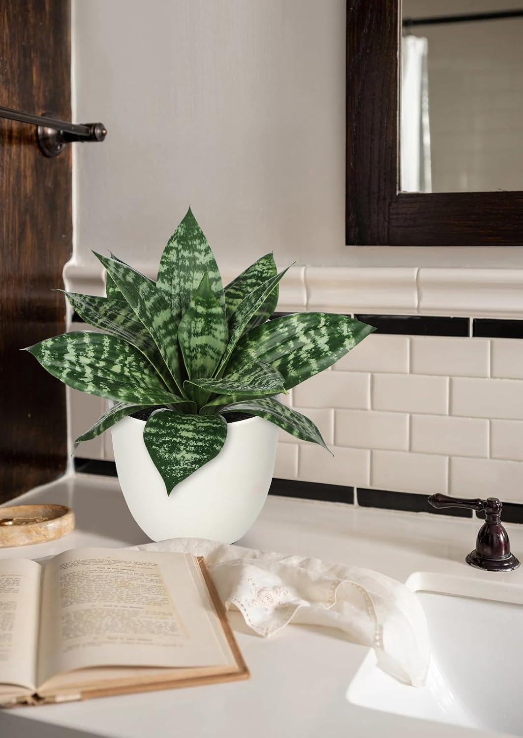 Artificial Snake Plants 9" Faux Agave Succulent Plant Potted in White Pot Fake / Green #4-white Pot