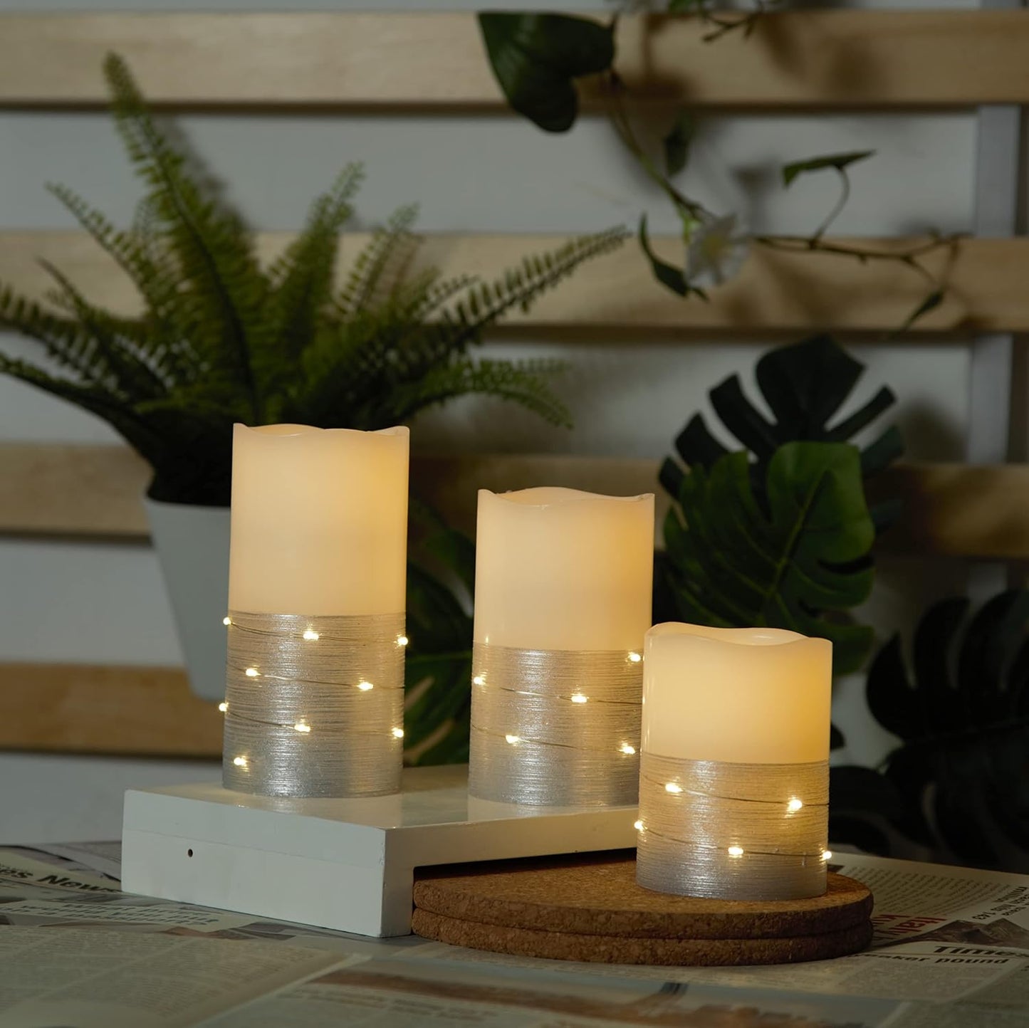 H-BLOSSOM Flickering Flameless Candles Ivory Real Wax Pillar with Embedded String Lights LED Candles Battery Operated
