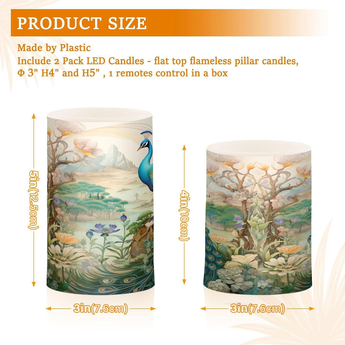 Flickering Flameless Candles, Peacock Garden LED Candles with Remote Timer, Set of 2 Battery Operated Candle for