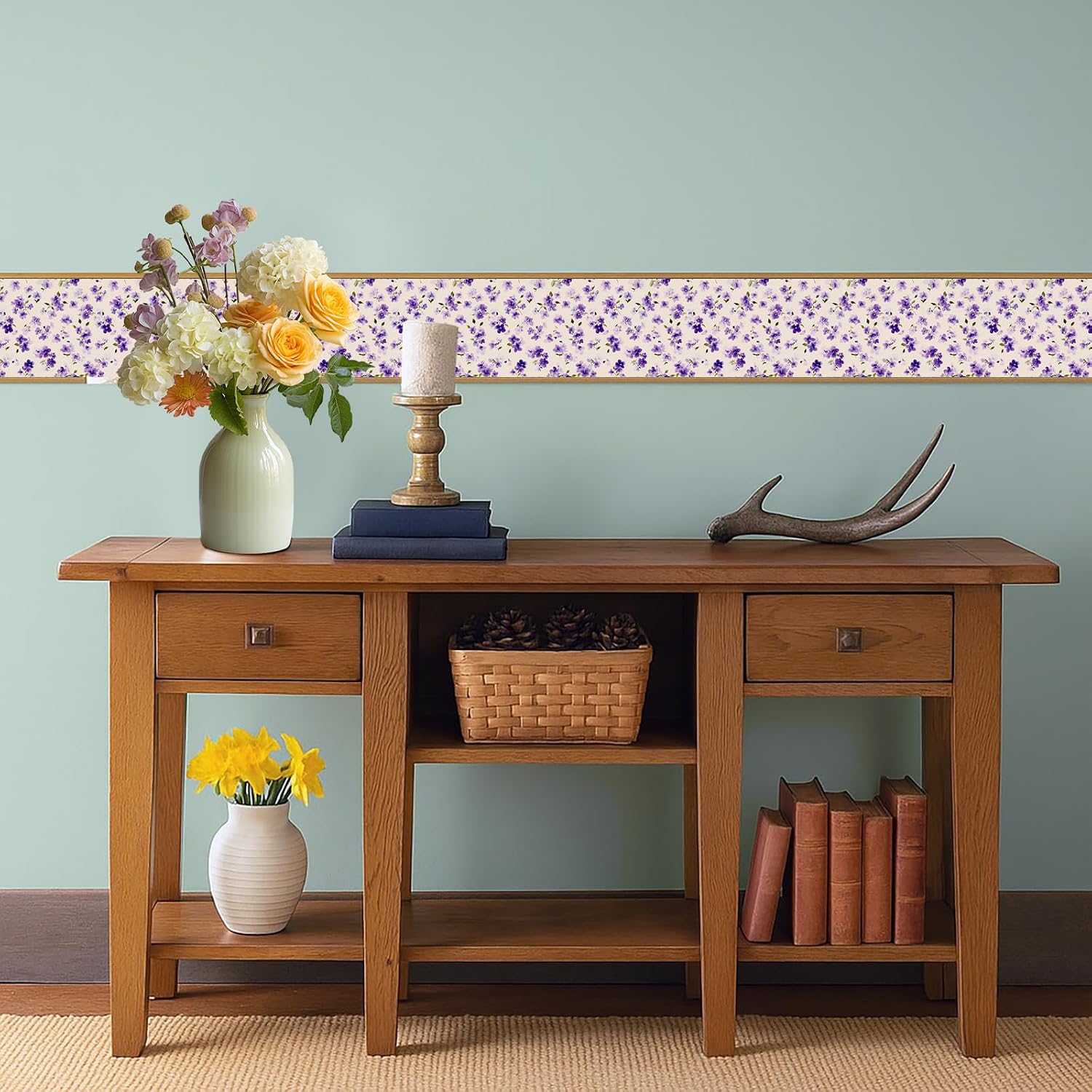 Wallpaper Border Peel and Stick Wall Border Removable Vinyl / Lavender Floral / Purple / 196 x 4