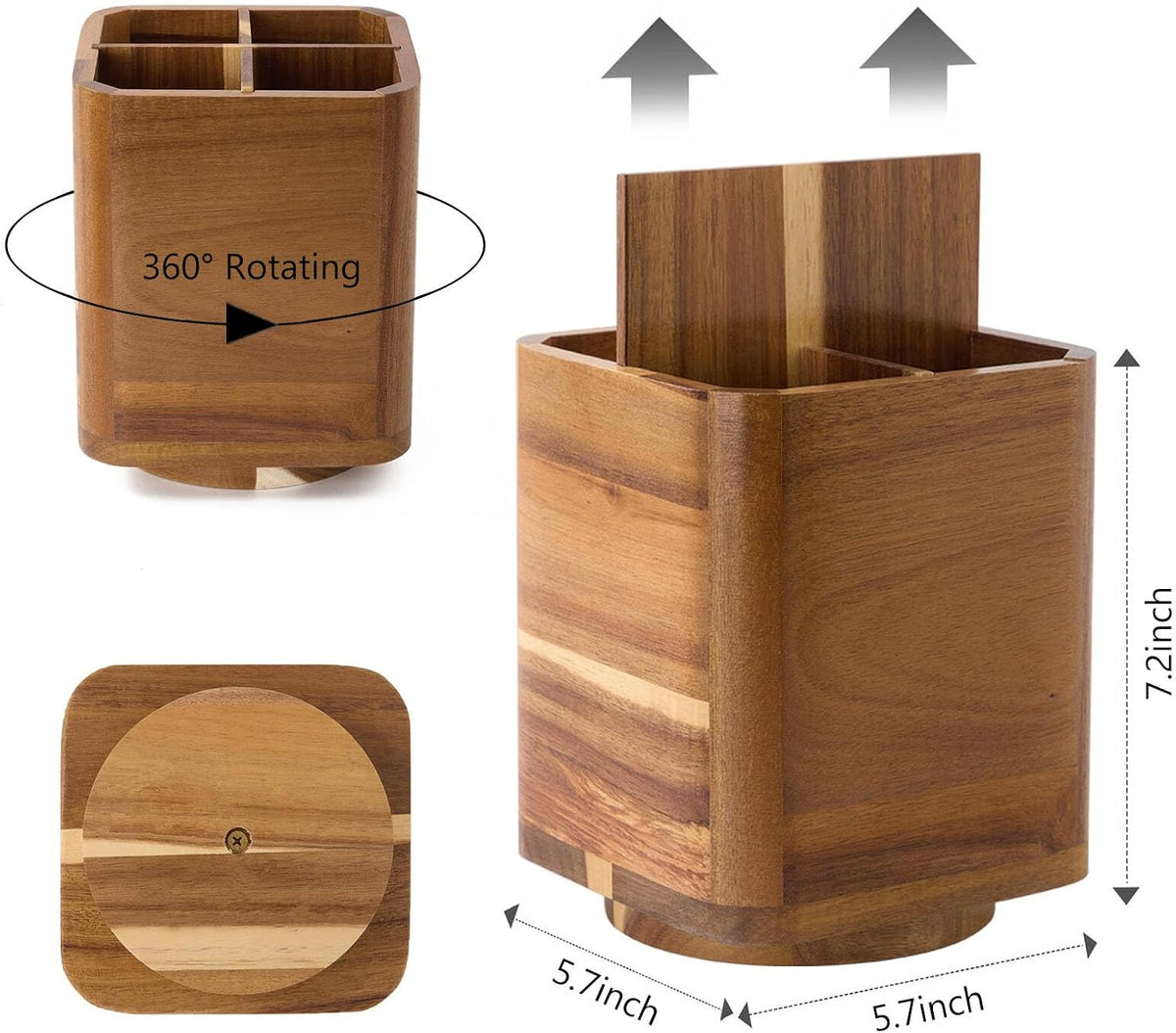 Wood Utensil Holder for Kitchen Counter, 360° Rotating Kitchen Utensil Holder, 7.2"x 6" Large Acacia Cooking Utensil