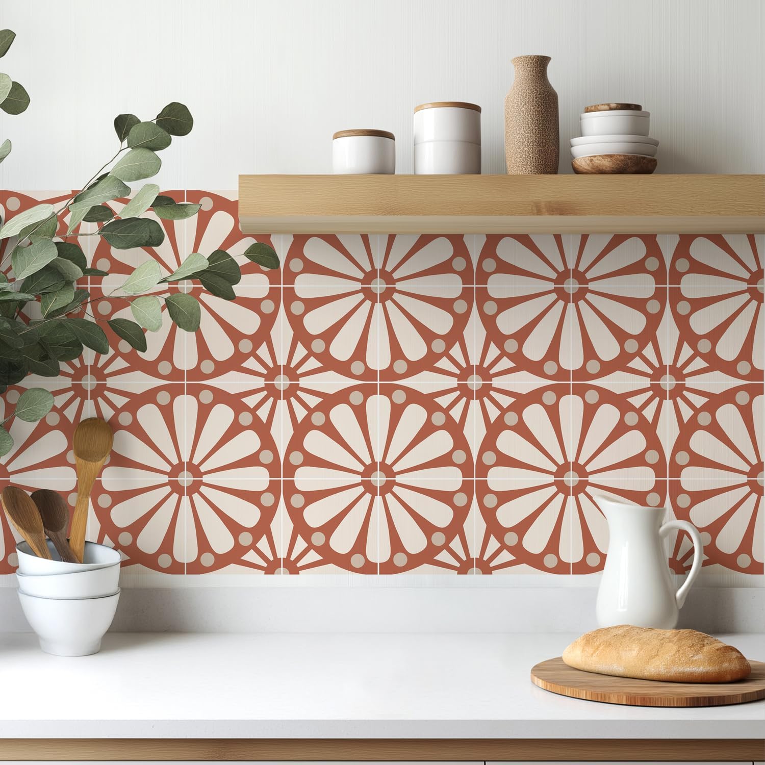 Boho Terracotta Sunburst Tile Stickers Peel and Stick Waterproof Vinyl / Red / 5.9 x 5.9 / Set of 16