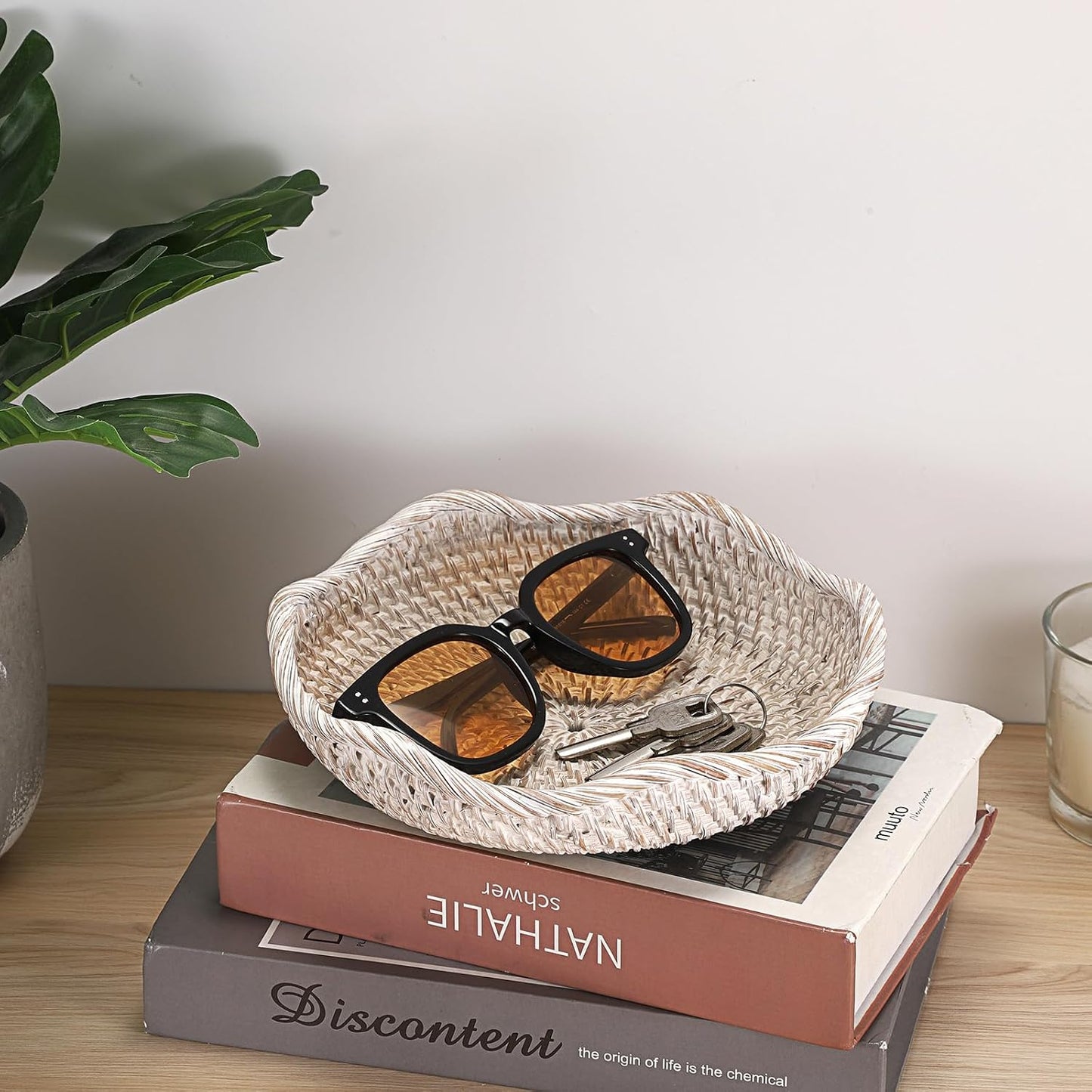 Handwoven Rattan Basket Tray Decorative Key Tray for Entryway Table Handwoven / 7.9 Inch / Whitewash