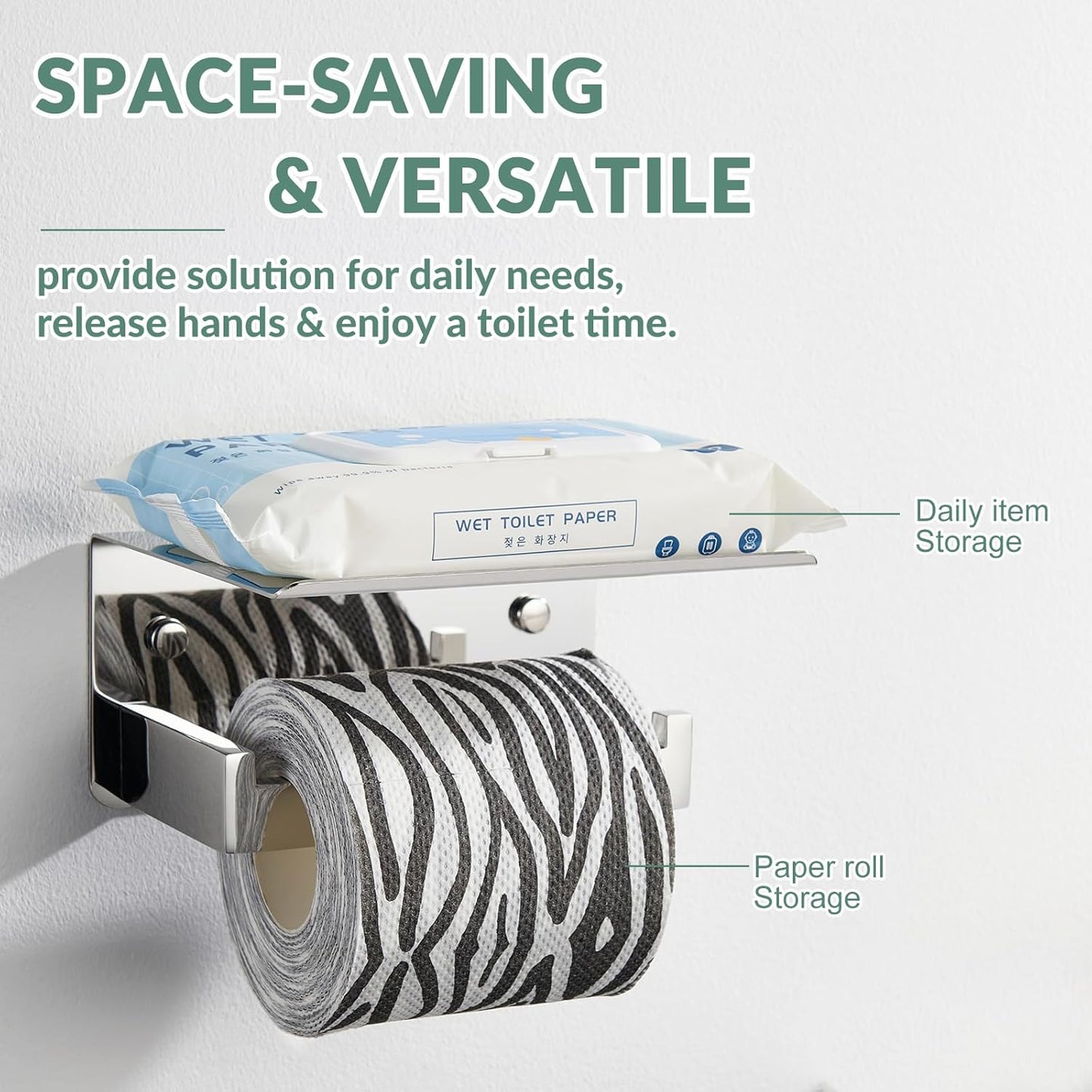APLusee Polished Chrome Toilet Paper Holder with Phone Shelf, Wall Mounted | 304 Stainless Steel, Rust-resistant Tissue