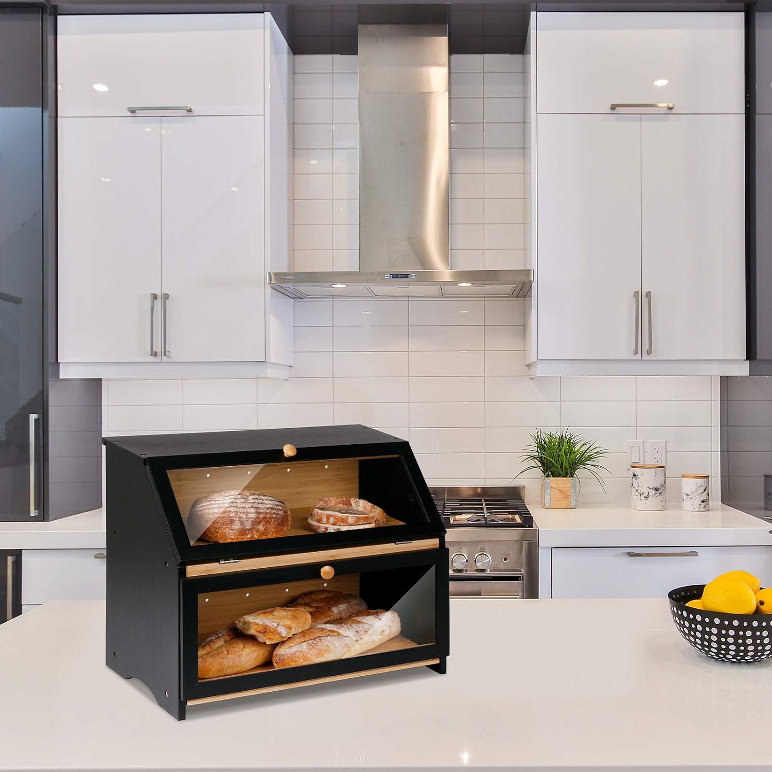 HOMEKOKO Double Layer Wooden Bread Box, Keep Bread Fresh Longer, Black | Keeps Bread Fresh 3-4 Days, Large Capacity