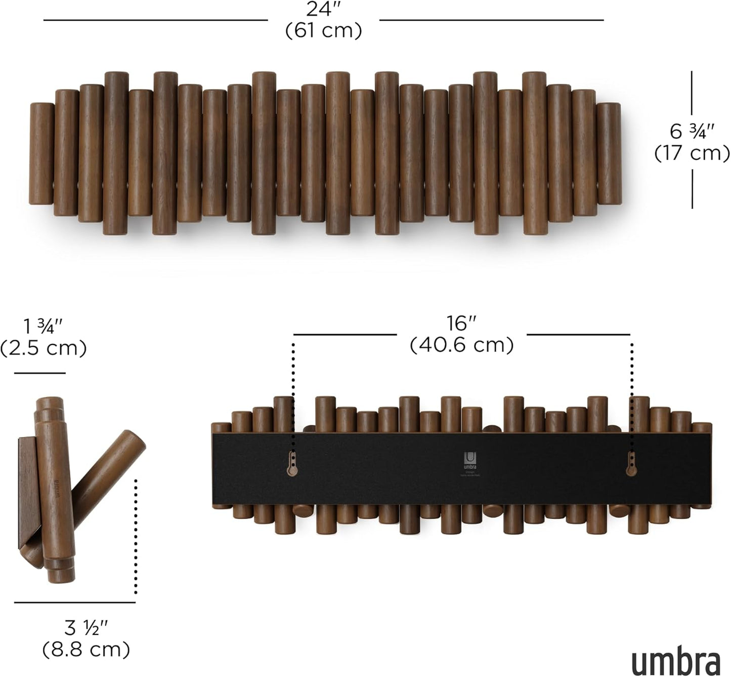 Flip-Down Wooden Hooks / Walnut / 8-hook