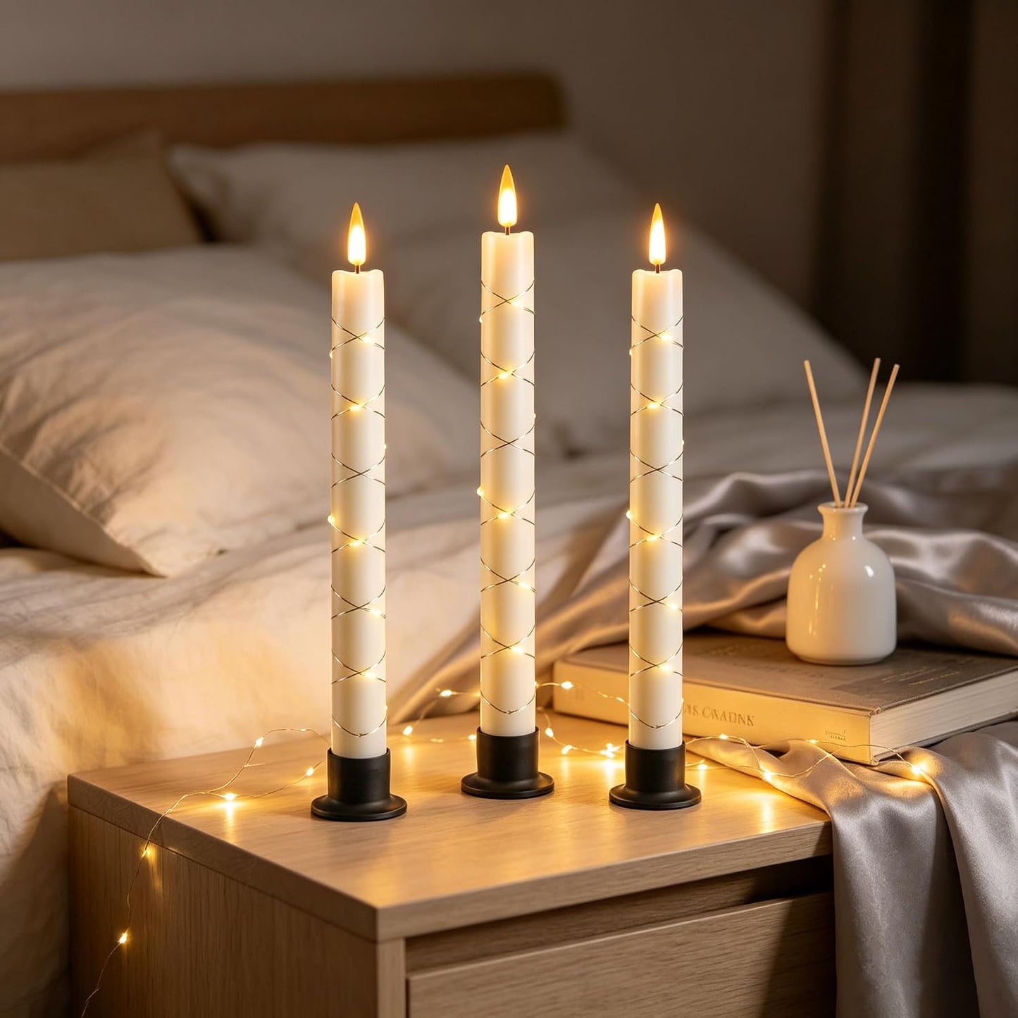 Da by 3 Pack Ivory Heat Resistant Flameless Taper Candles, Cross Surrounding Fairy String Lights, Realistic Dynamic