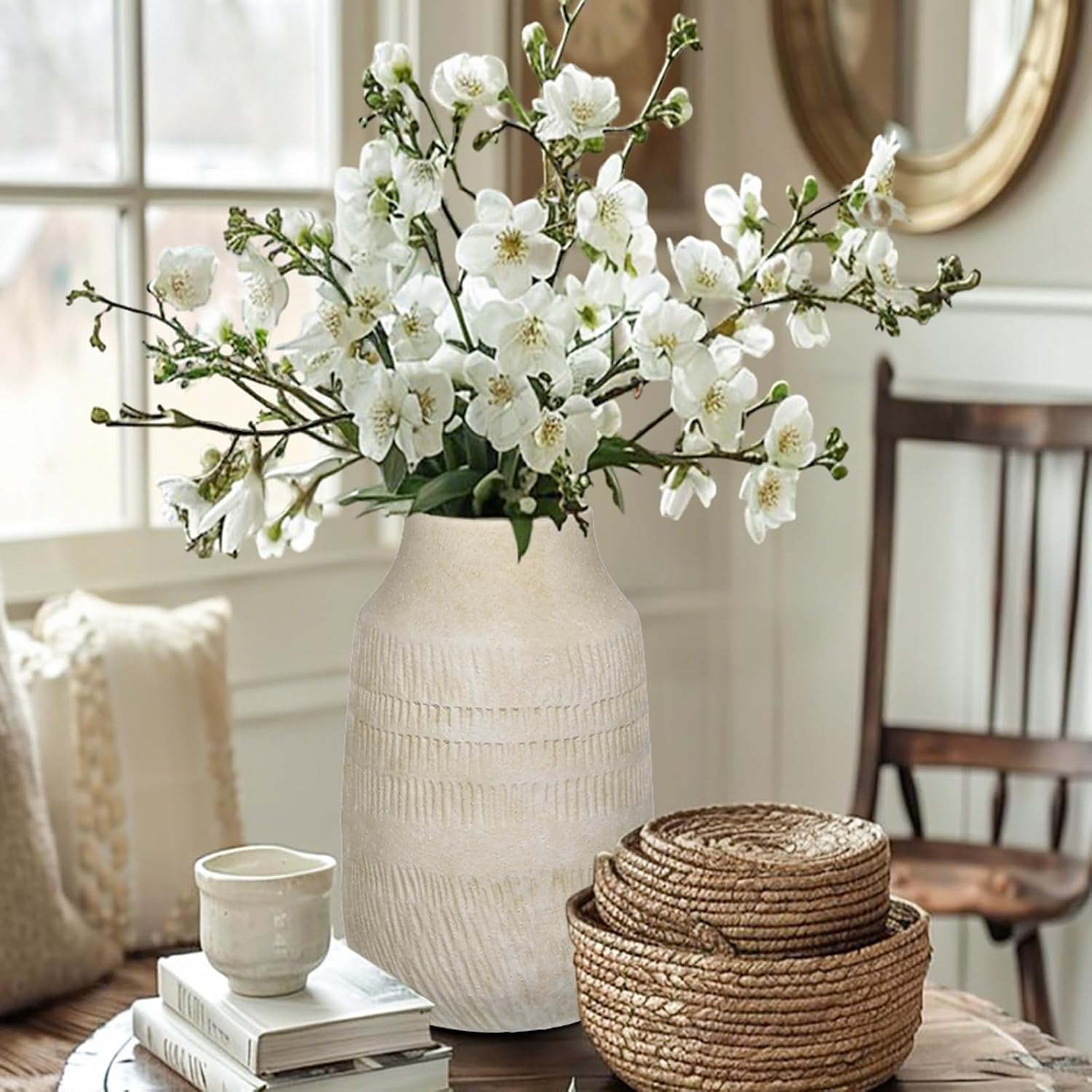 11" Rustic Ceramic Vase / 11" Beige White