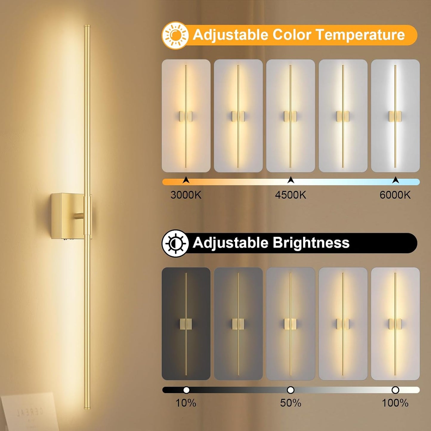 Battery Operated Wall Sconce Set of Two with Remote Control, 3000K-6000K Dimmable Gold Wall Lights, Timable LED