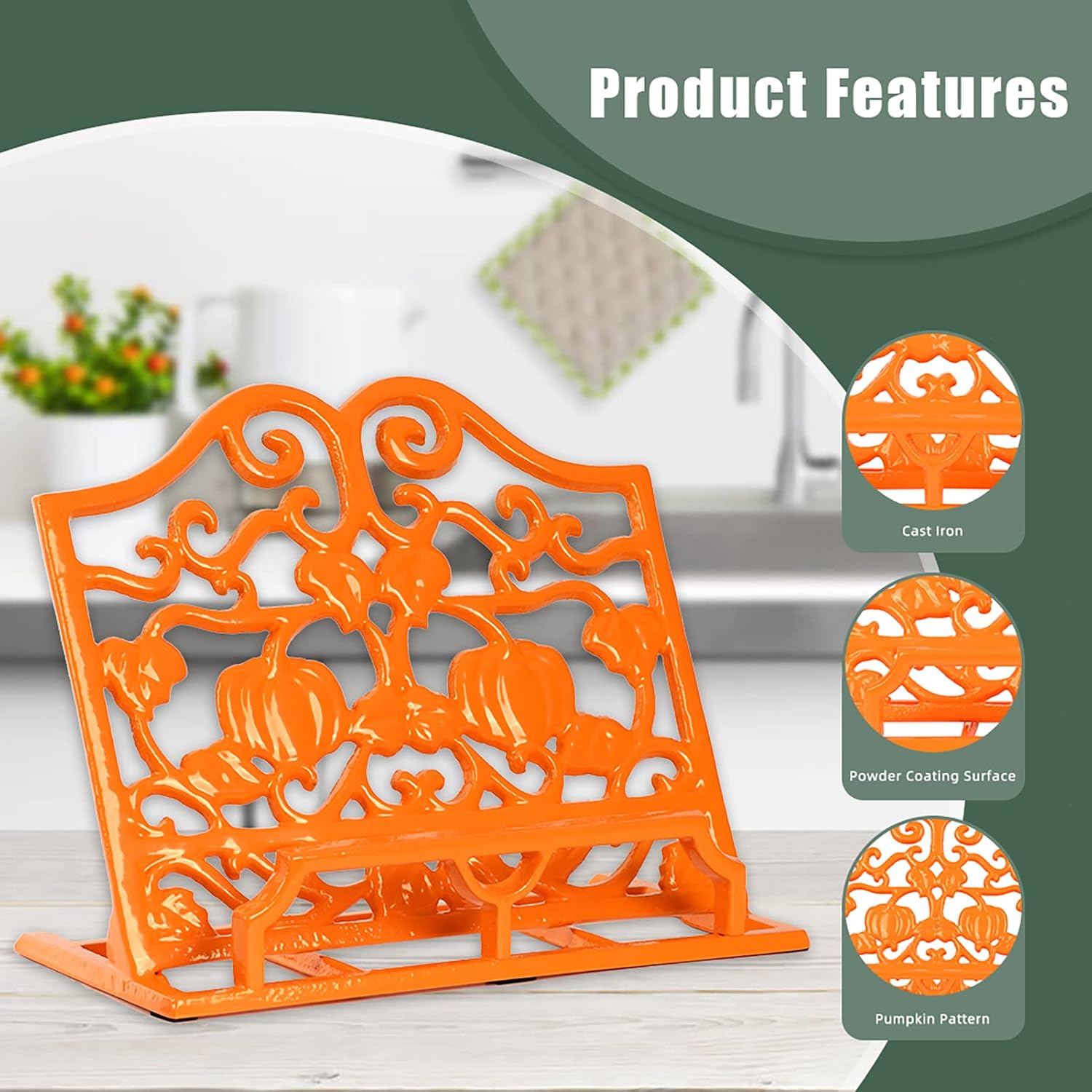 Vintage Cookbook Stand, Robust Wrought Cast Iron Recipe Book Holder for Kitchen Counter, Large Metal Cook Book Stand