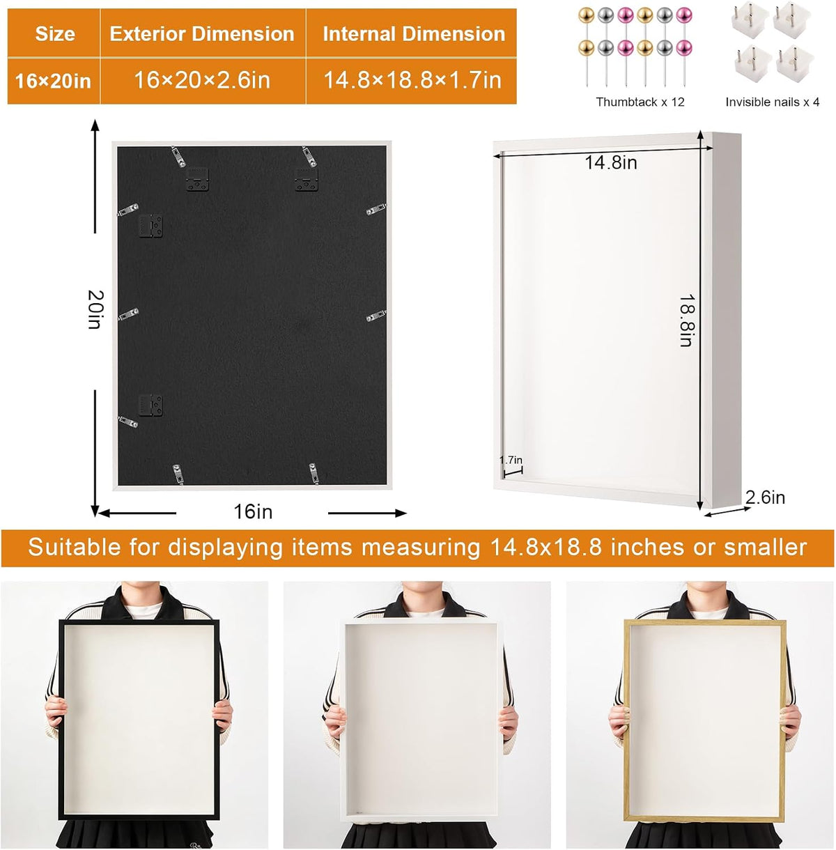 16x20 Large Shadow Box Frame with Thickened Acrylic Panel & Pins | With Push Pins, Deep 1.7" White Shadow Box Display
