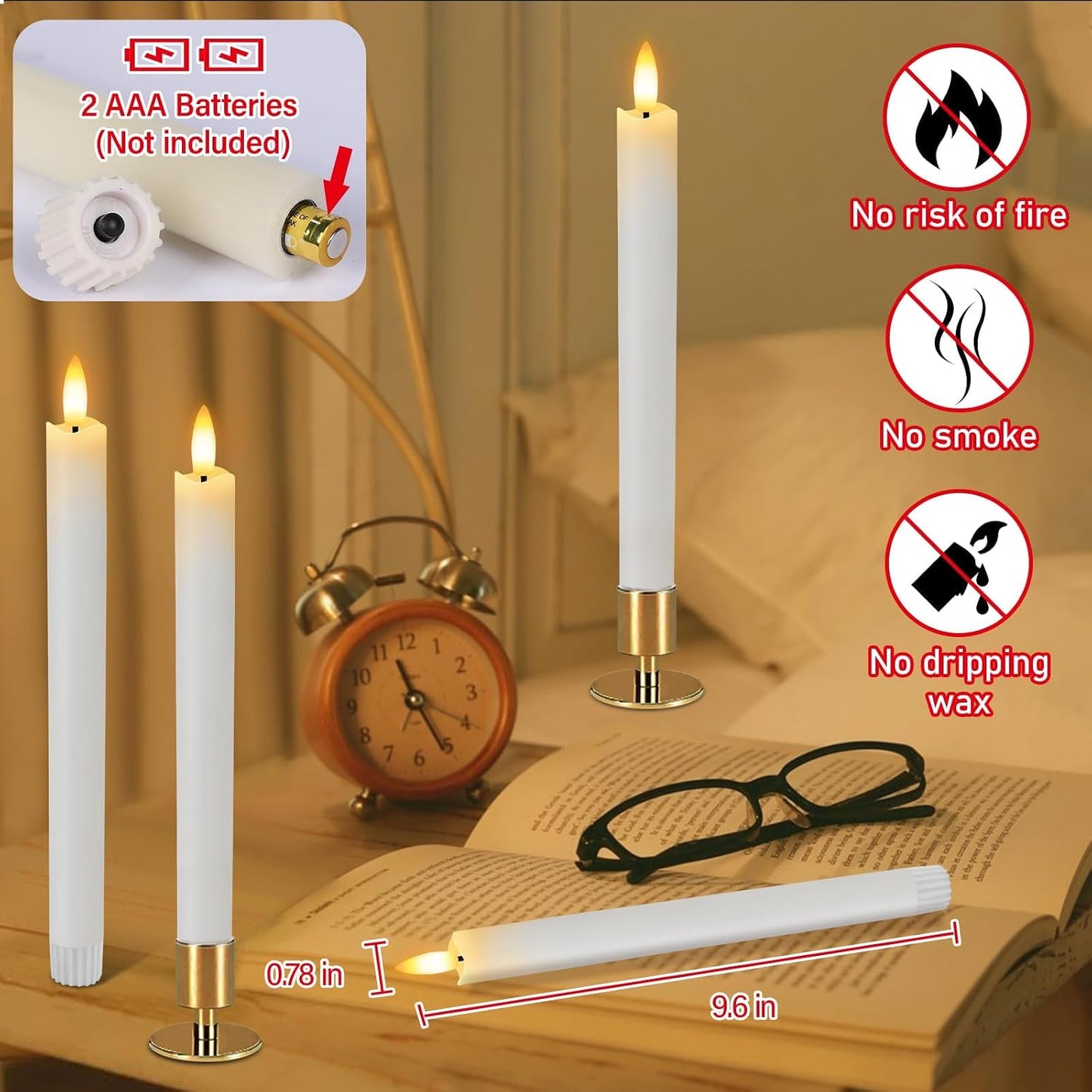 HINZER 6Pcs Flameless Taper Candles with Remote, Fall Home Wedding Decor | Battery Operated Candles Flickering 9.6 inch