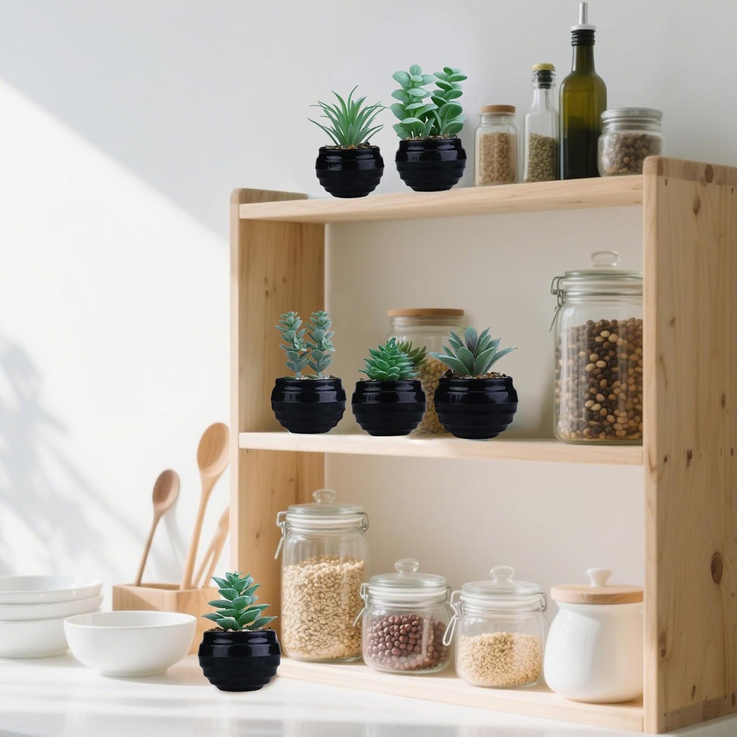 Green Mini Artificial Succulents in Plastic Pots Small Fake / Green-plastic Black Pot / Set of 6