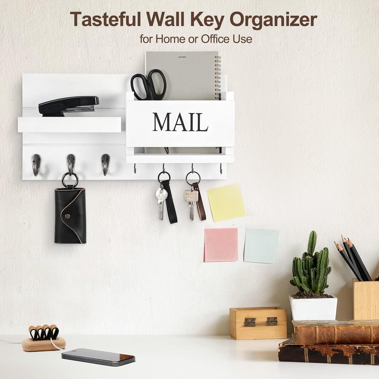 Shelf Includes Letter Holder and Hooks for Hallway Farmhouse / White