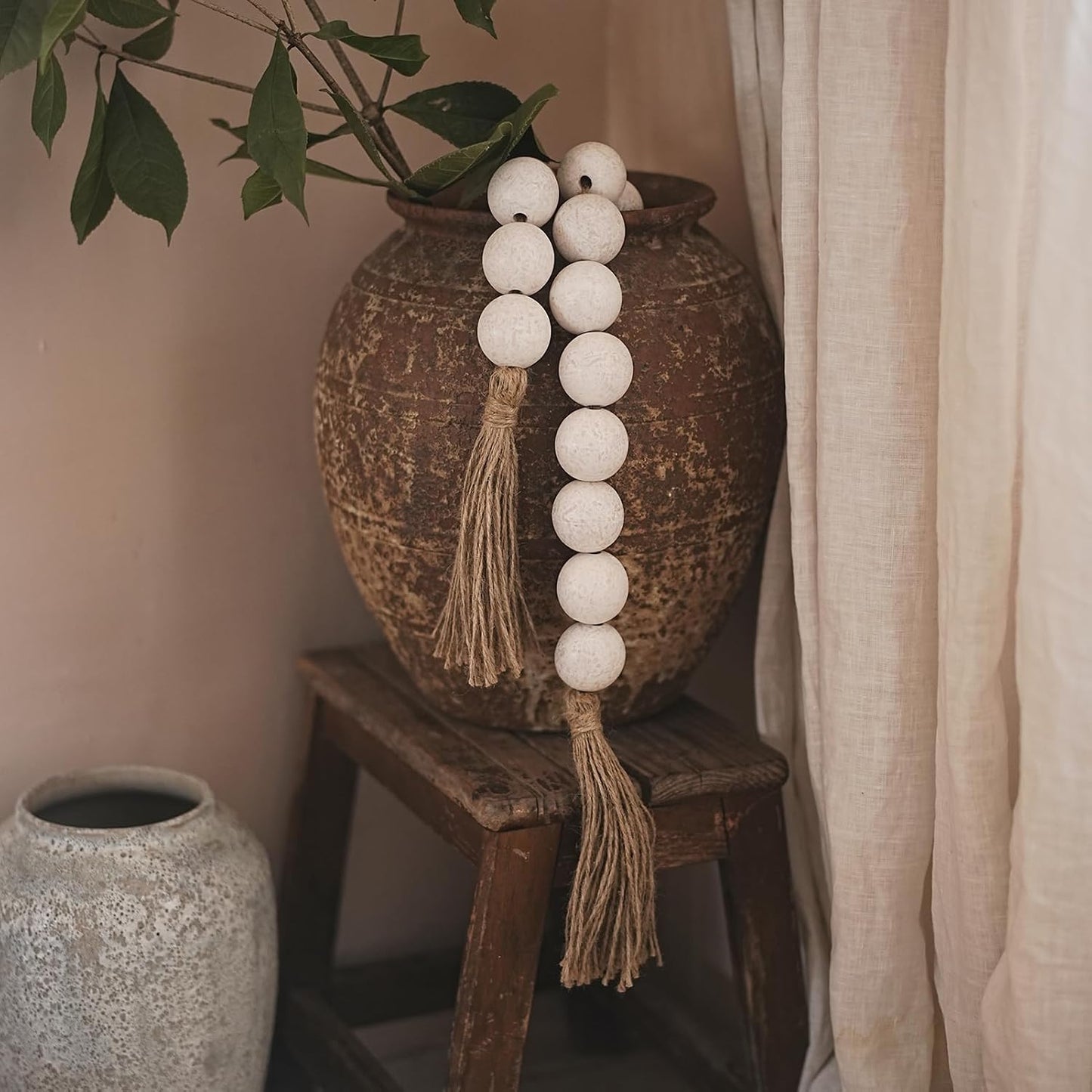 Extra Large Wood Bead Garland / 41 Inches / Rustic White