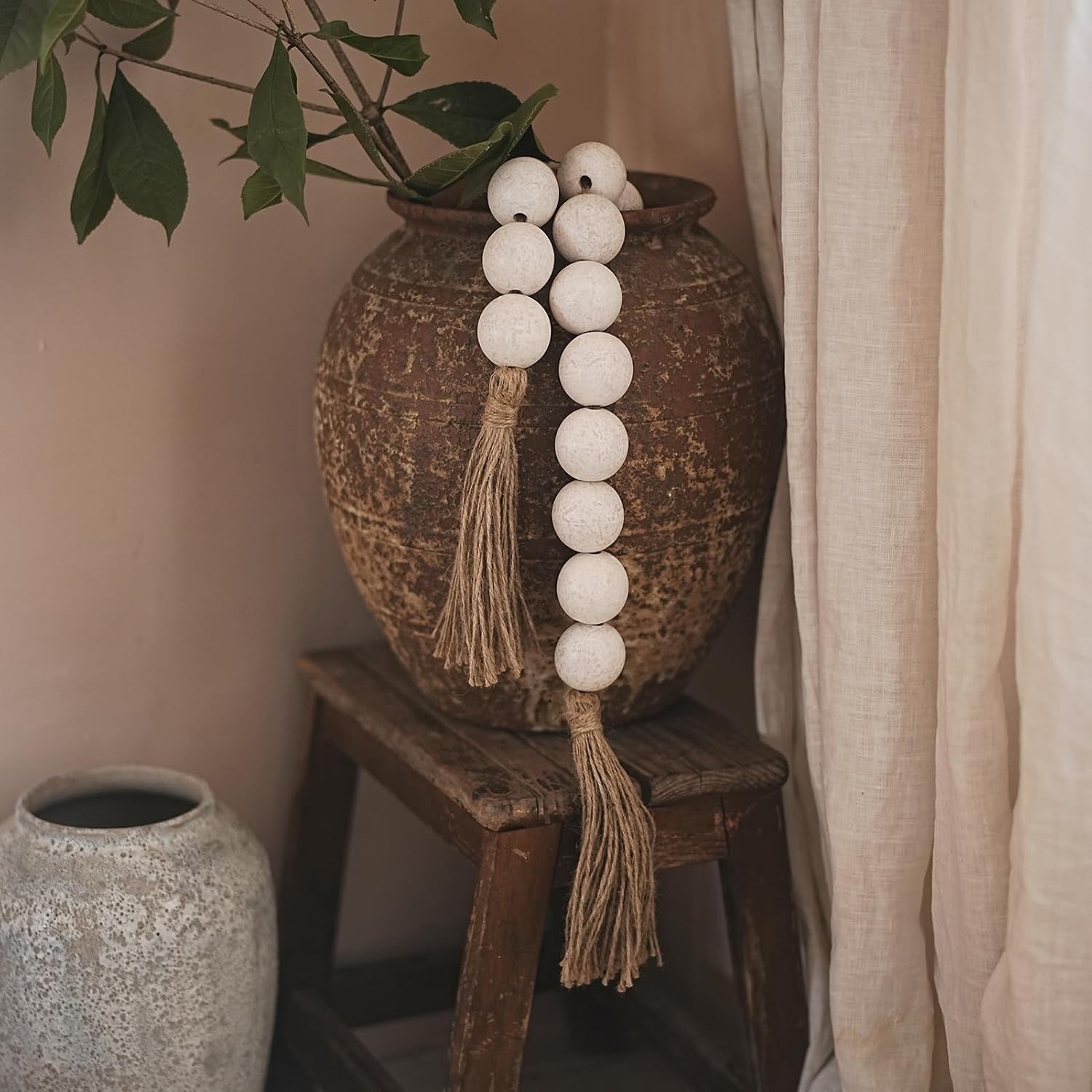 Extra Large Wood Bead Garland / 41 Inches / Rustic White