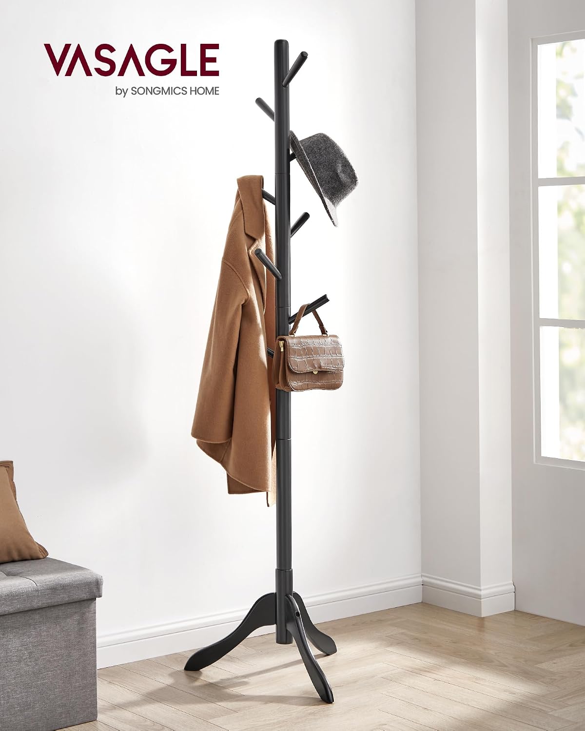 VASAGLE Solid Wood Coat Rack, Free Standing Tree-Shaped Coat Rack with 8 Hooks, 3 Height Options, for Clothes, Hats