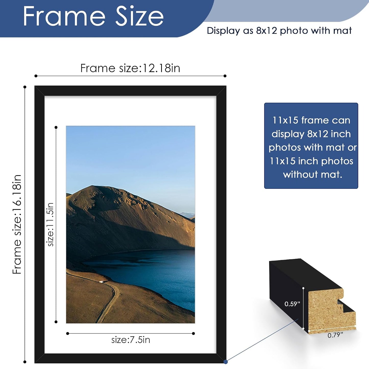11x15 Picture Frame Set of 6, Wall Mount Display, Black | Display Pictures 8x12 with Mat or 11x15 without