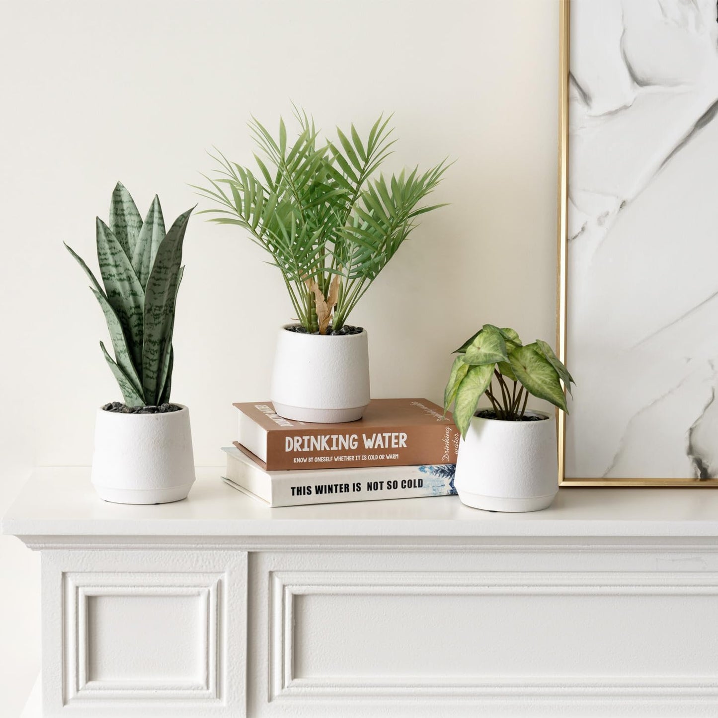 Modern Assorted Artificial Plants Potted in White Textured Planter Pots / Green