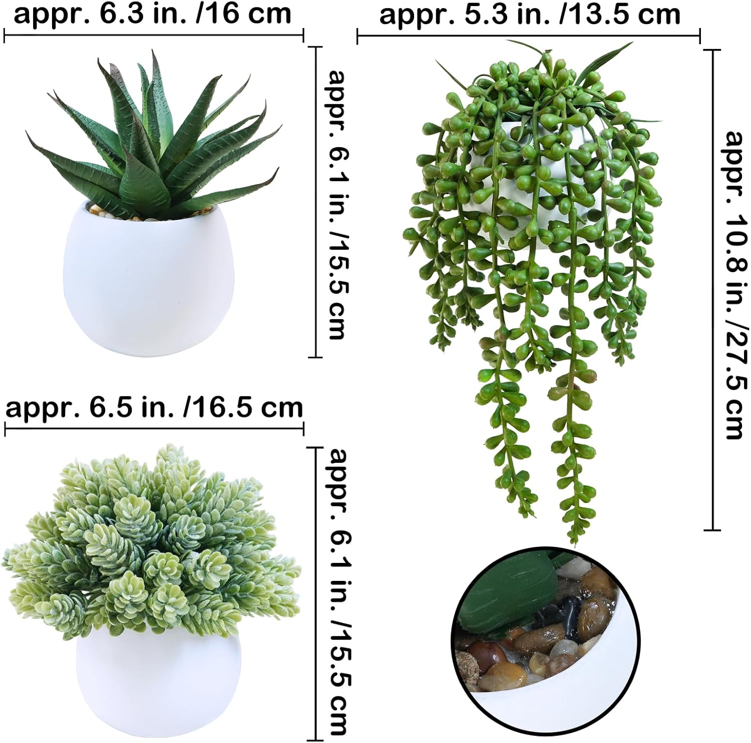Assorted Artificial Succulent Plants in White Concrete Pots Faux Aloe Hops / White Pots / Set of 3