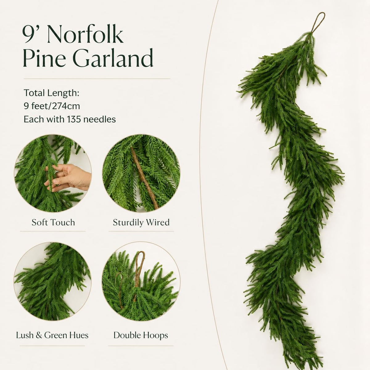 Avoeco Deluxe 9FT Real Touch Norfolk Pine Christmas Garland | Full Realistic Artificial Greenery Christmas Decor
