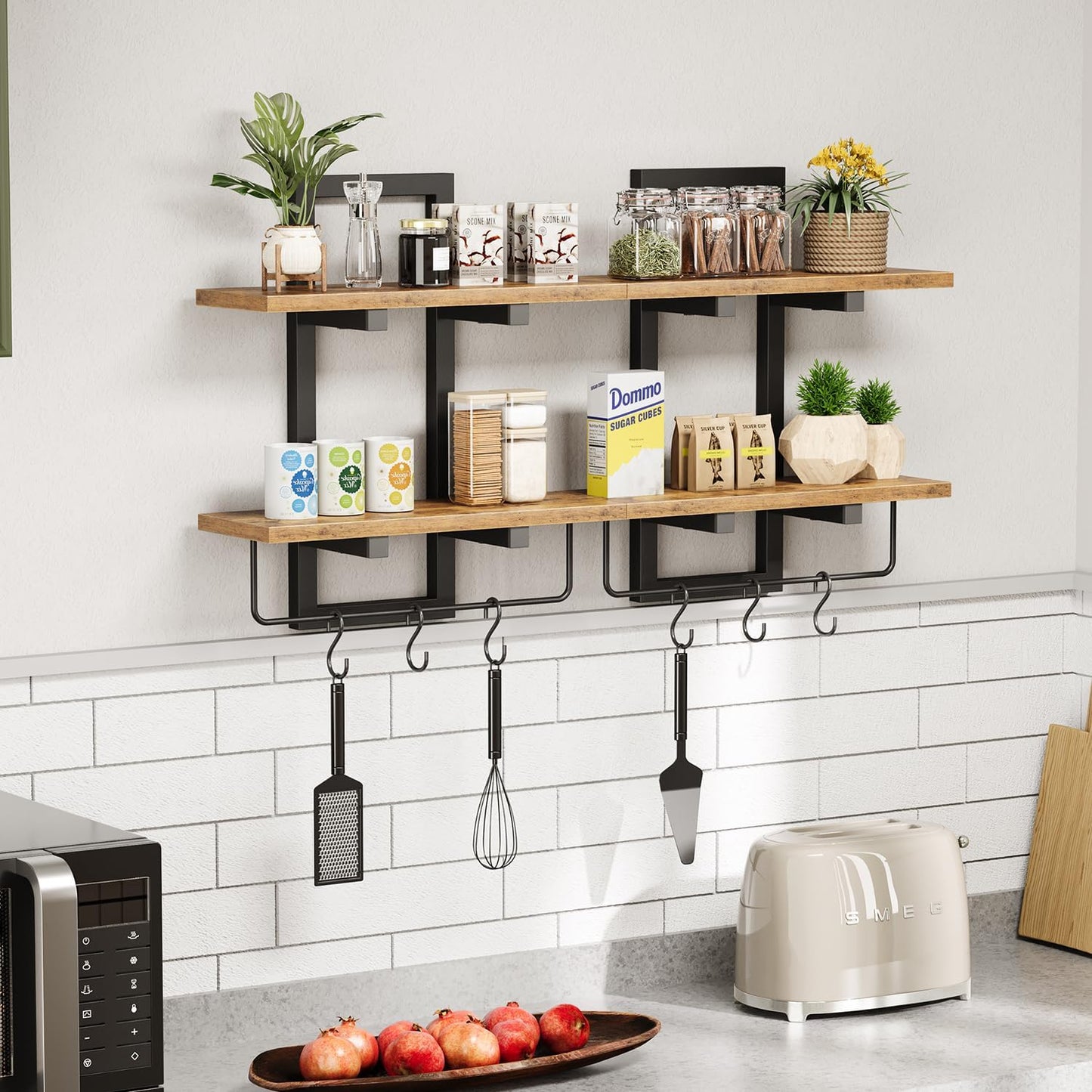 Floating Shelves / 6 Hooks / Rustic Brown + Black / Set of 2