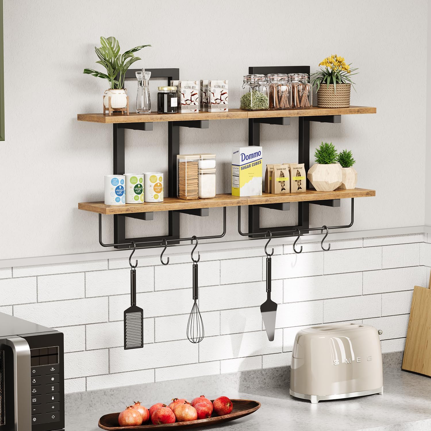Floating Shelves / 6 Hooks / Rustic Brown + Black / Set of 2