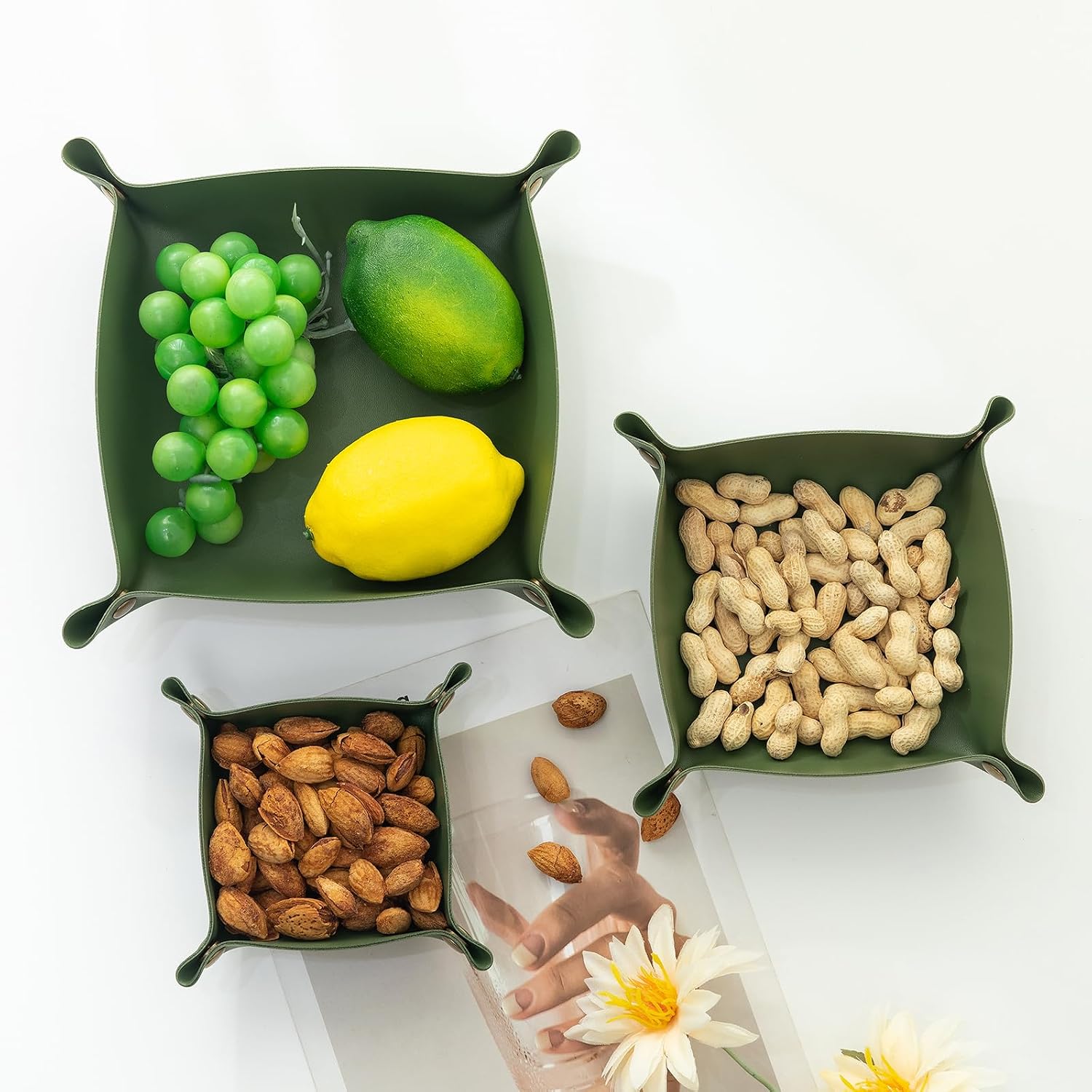 3 packs PU Leather Tray in 3 Sizes Jewelry Tray Glossy Leather Desk Organizer / Avocado Green