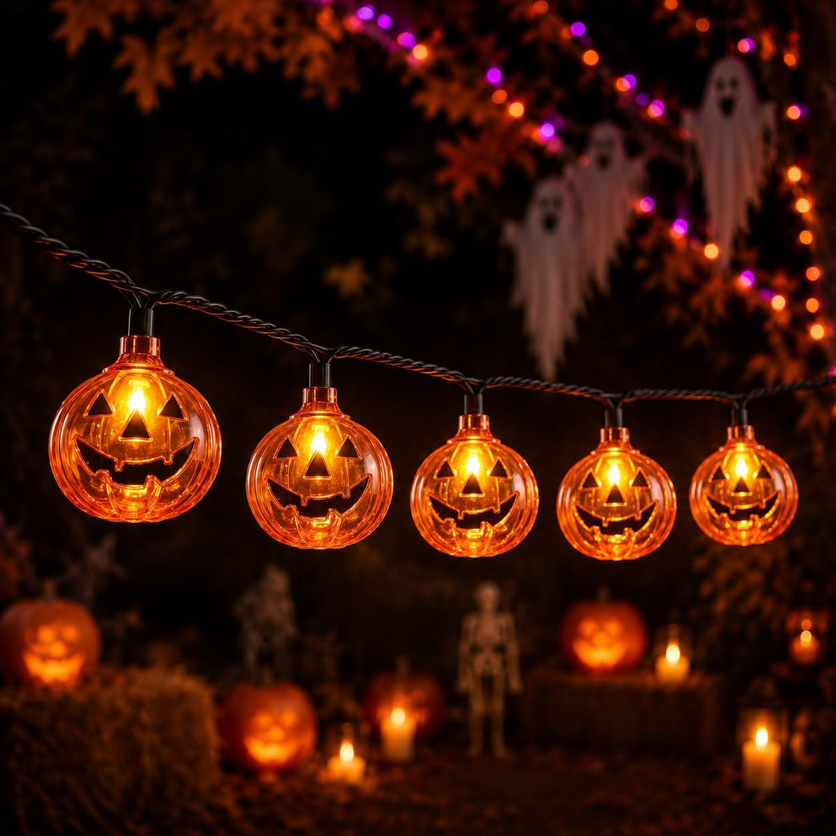 12FT 20 LED Outdoor Halloween Pumpkin String Lights Plug In, Waterproof