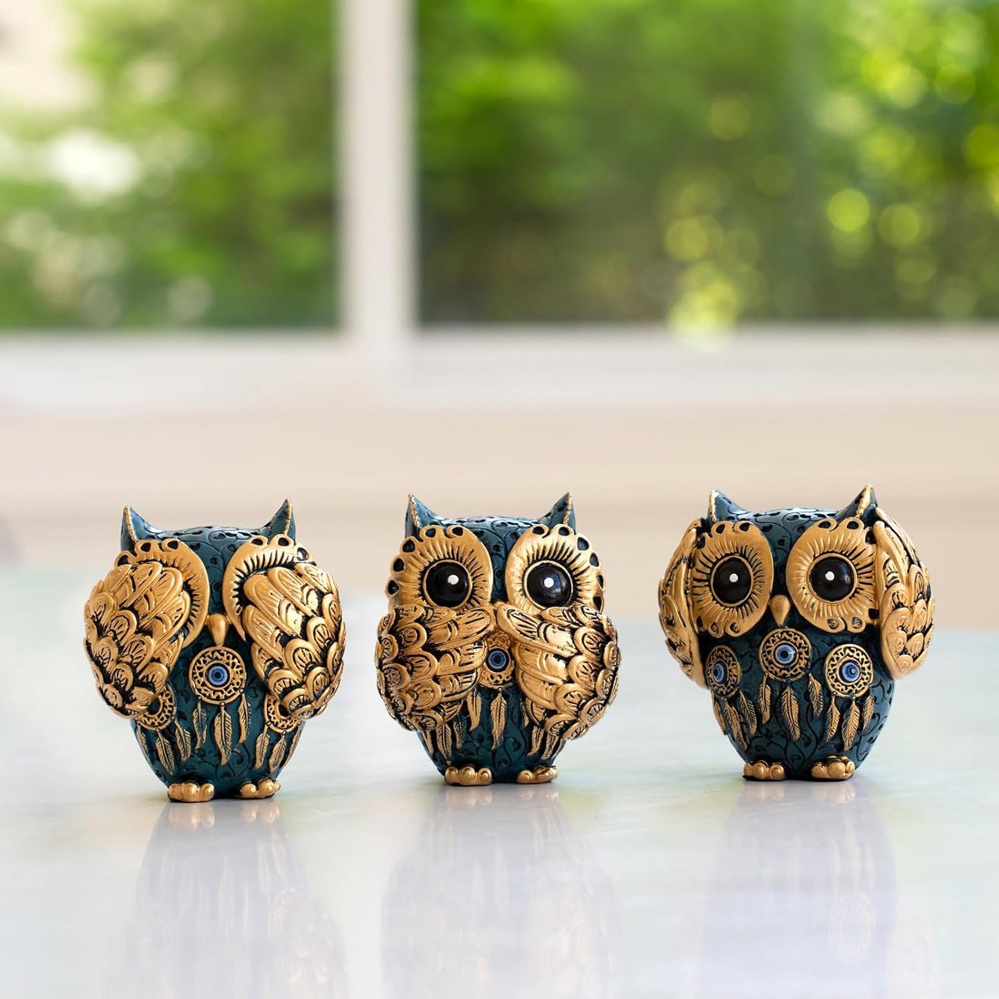 Decorative See No Evil Hear No Evil Speak No Evil Owl Figurines / Blue / Set of 3