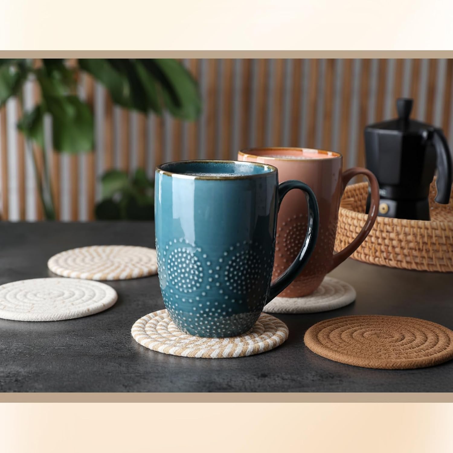 11.8" Hand-Woven Round Wicker Tray Circle Rattan Decorative Serving Tray Cotton Woven Coaster Wood