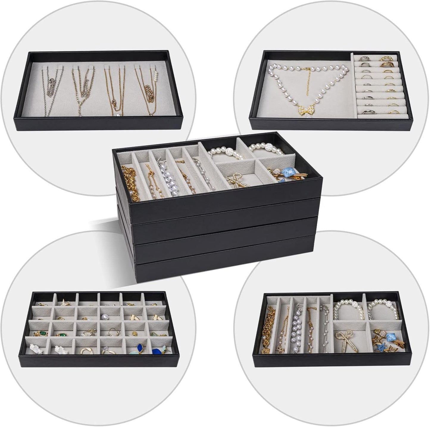 Stackable Jewelry Organizer Trays for Drawers / 4 Layers / Black