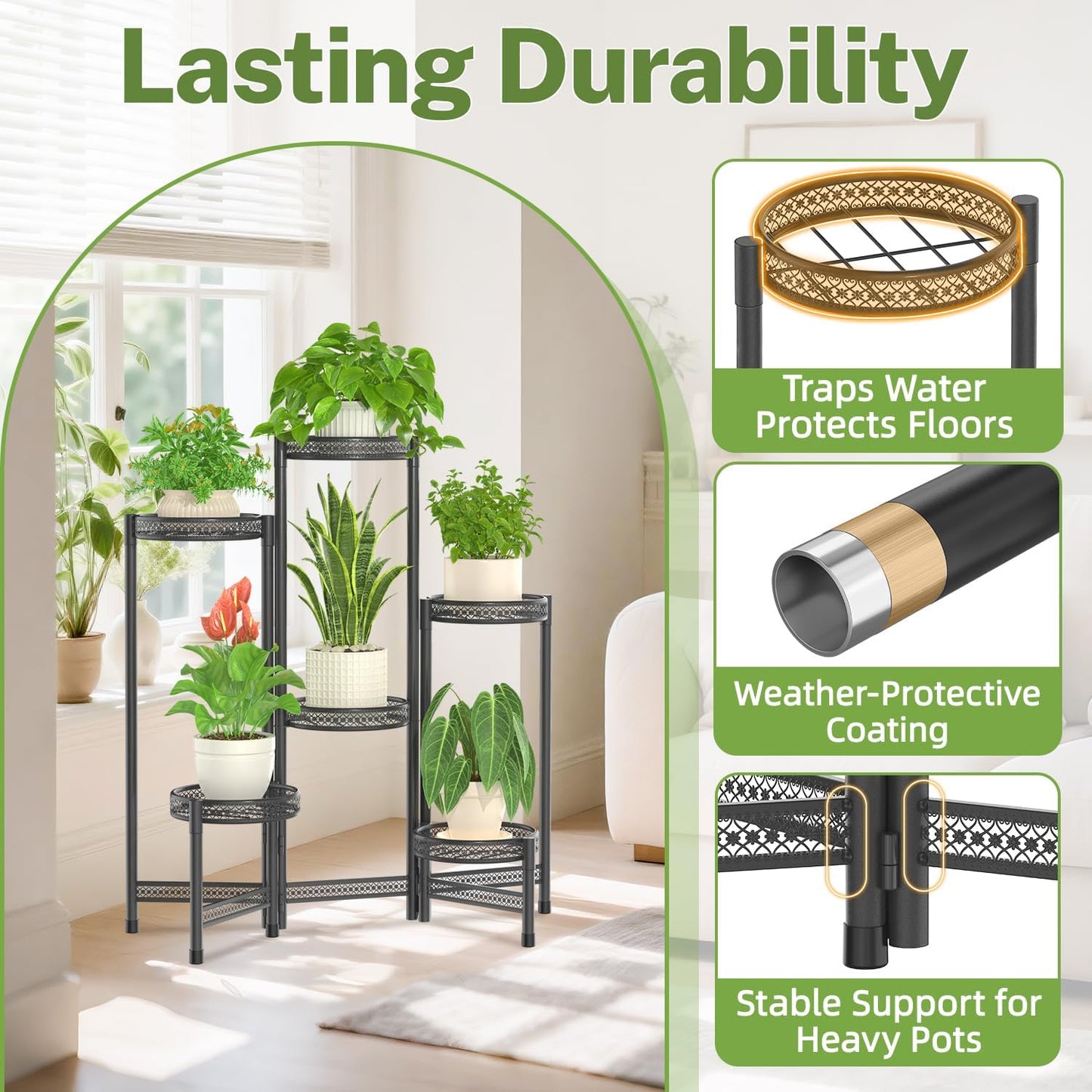 iDavosic.ly Plant Stand Indoor Outdoor, 6 Tier Iron Corner Shelf, Black | Tiered Tall Flower Display Holder, Folding