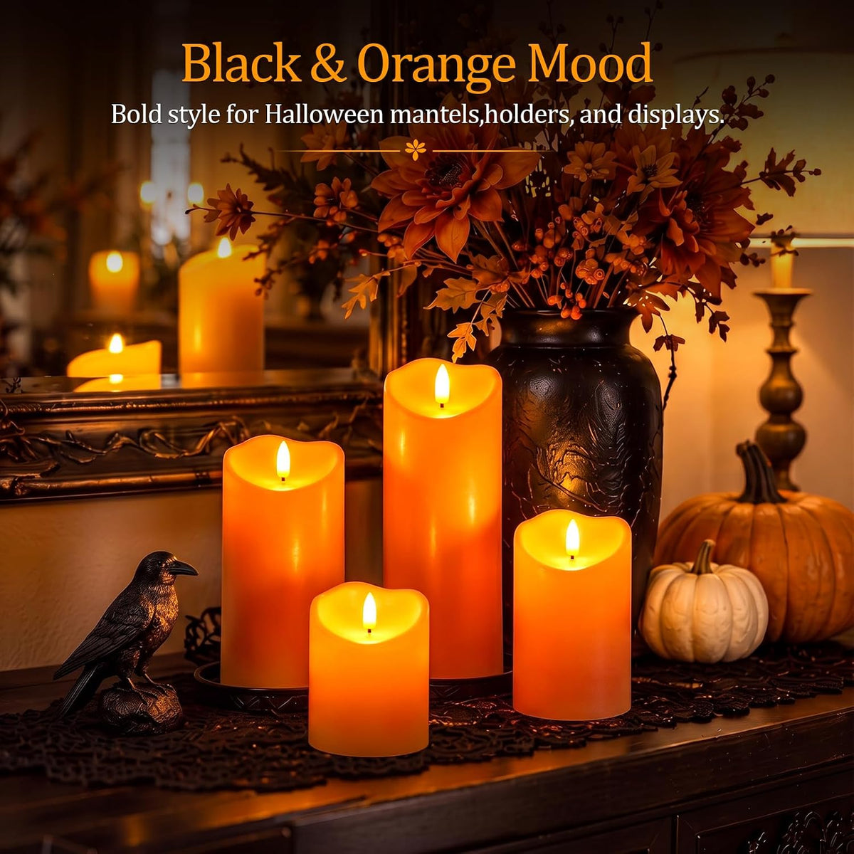 Homemory Halloween Orange Waterproof LED Candles, Remote Timer, Set of 6 | Flameless candles, D3 x H4/4/5/6/8/8 in