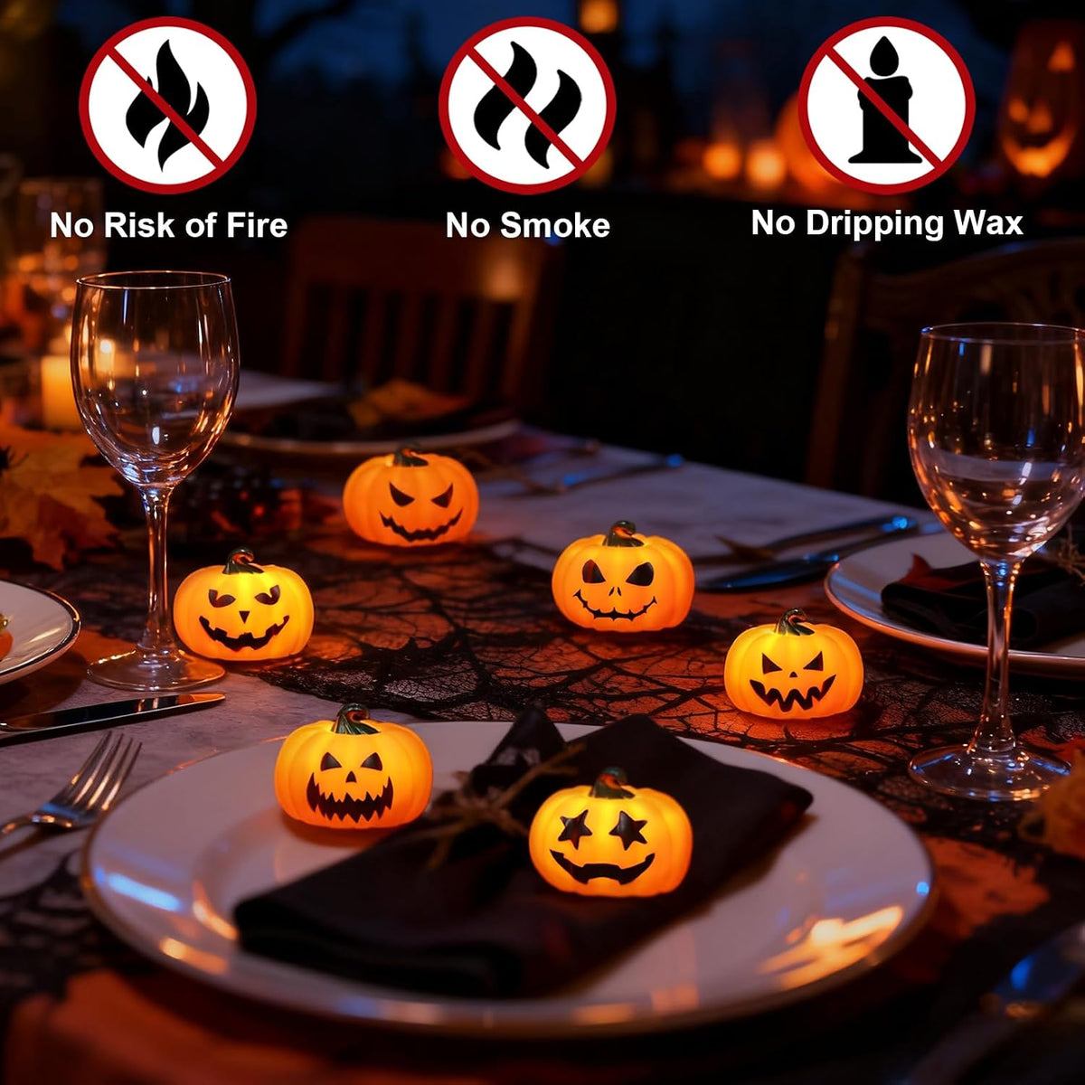 Wondise 6Pack Halloween Pumpkin Tea Lights with Remote and Timer | Battery Operated LED Orange Jack-O-Lantern Candles