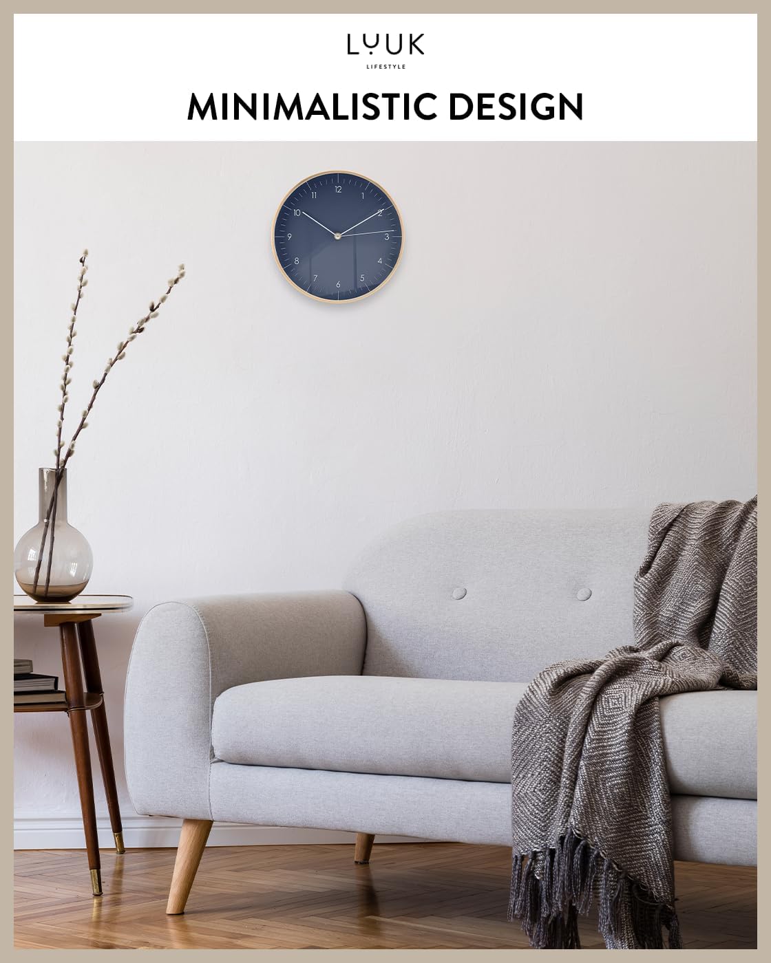 Modern Silent Quartz Wall Clock, 10in, Dark Blue & Gold | Royal color, Non-ticking, Analog, Easy-to-read display