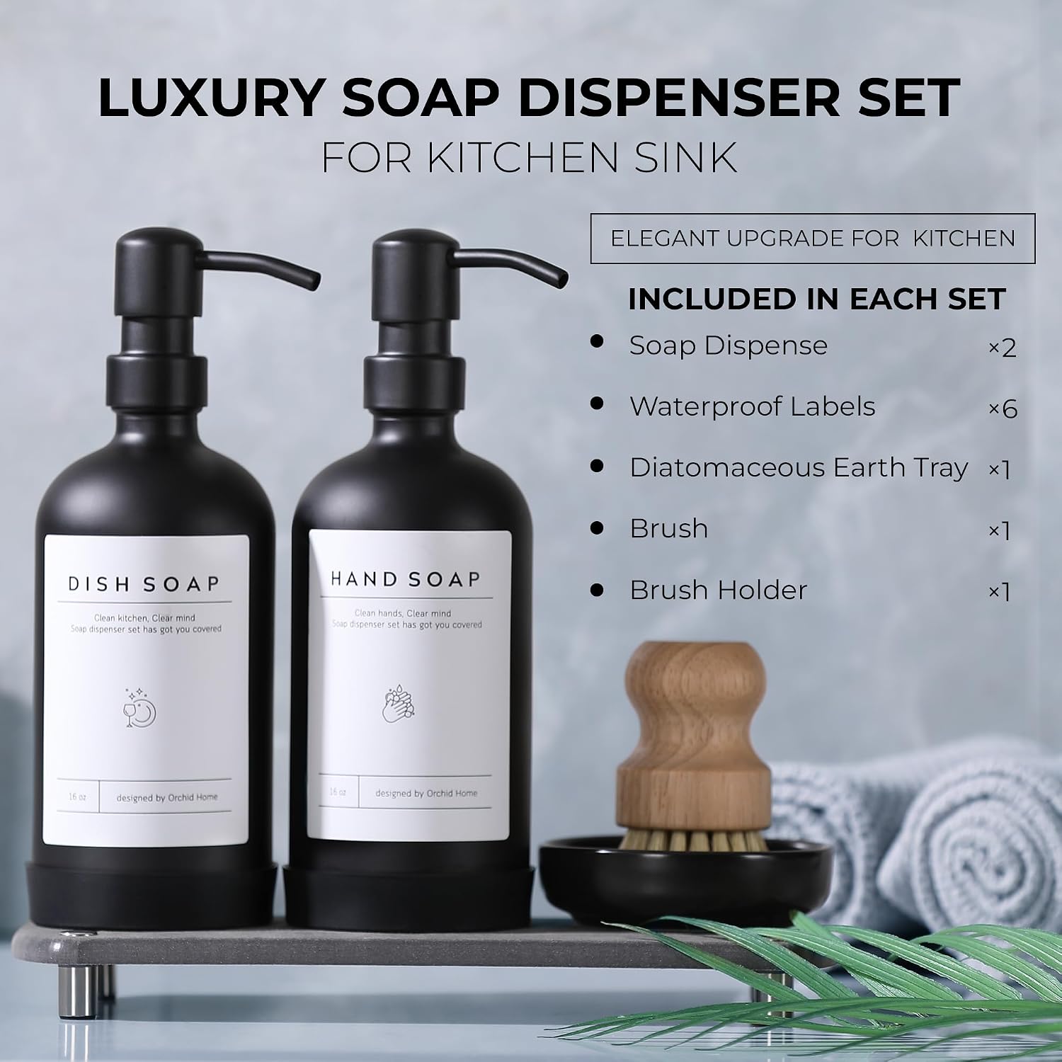 [Luxury] Kitchen Soap Dispenser Set - 16OZ Black Glass Bottle, Stainless Steel Pump, Instant Dry Tray, Waterproof