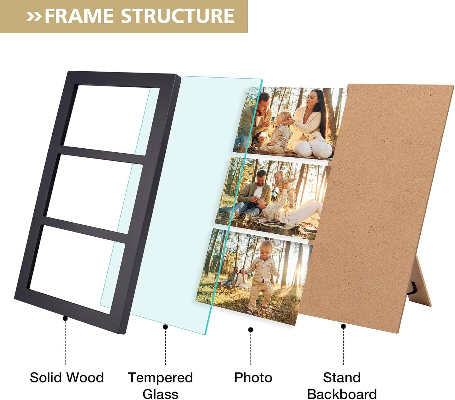 Picture Frame / Real Glass for Tabletop Or Wall Mounting / 4 x 6 / 3 Openings / Black